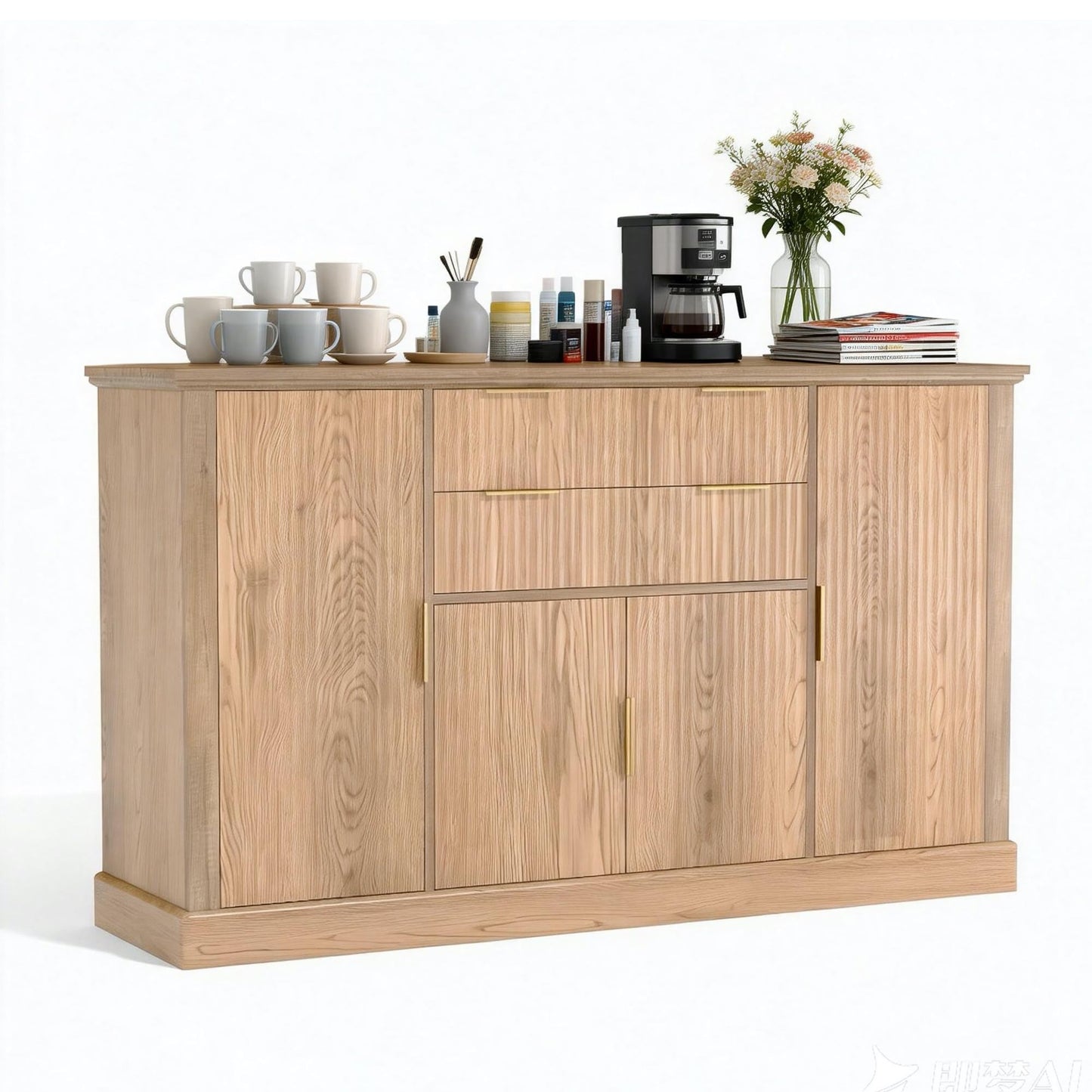 GarveeHome 58" Fluted Buffet Cabinet Sideboard with Storage, Farmhouse Coffee Bar Cabinet Console Table with Gold Handles & 4 Doors & 2 Drawers, Adjustable Shelf for Dining Room, Living Room Credenza