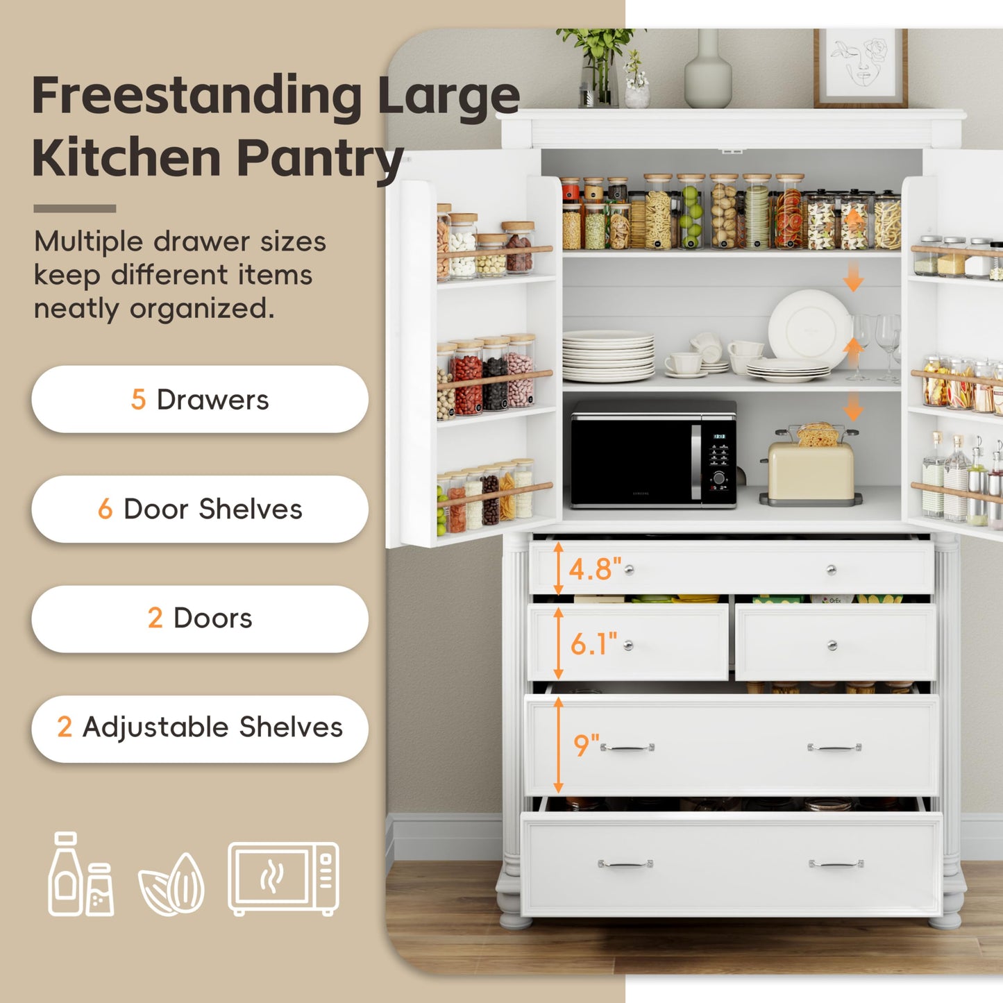 Merax 77" Tall Large Kitchen Pantry Storage Cabinet with 2 Doors & 2 Adjustable Shelves & 5 Drawers & 6 Side Door Shelves, Modern Freestanding Food Pantry for Dining Room, Living Room, White