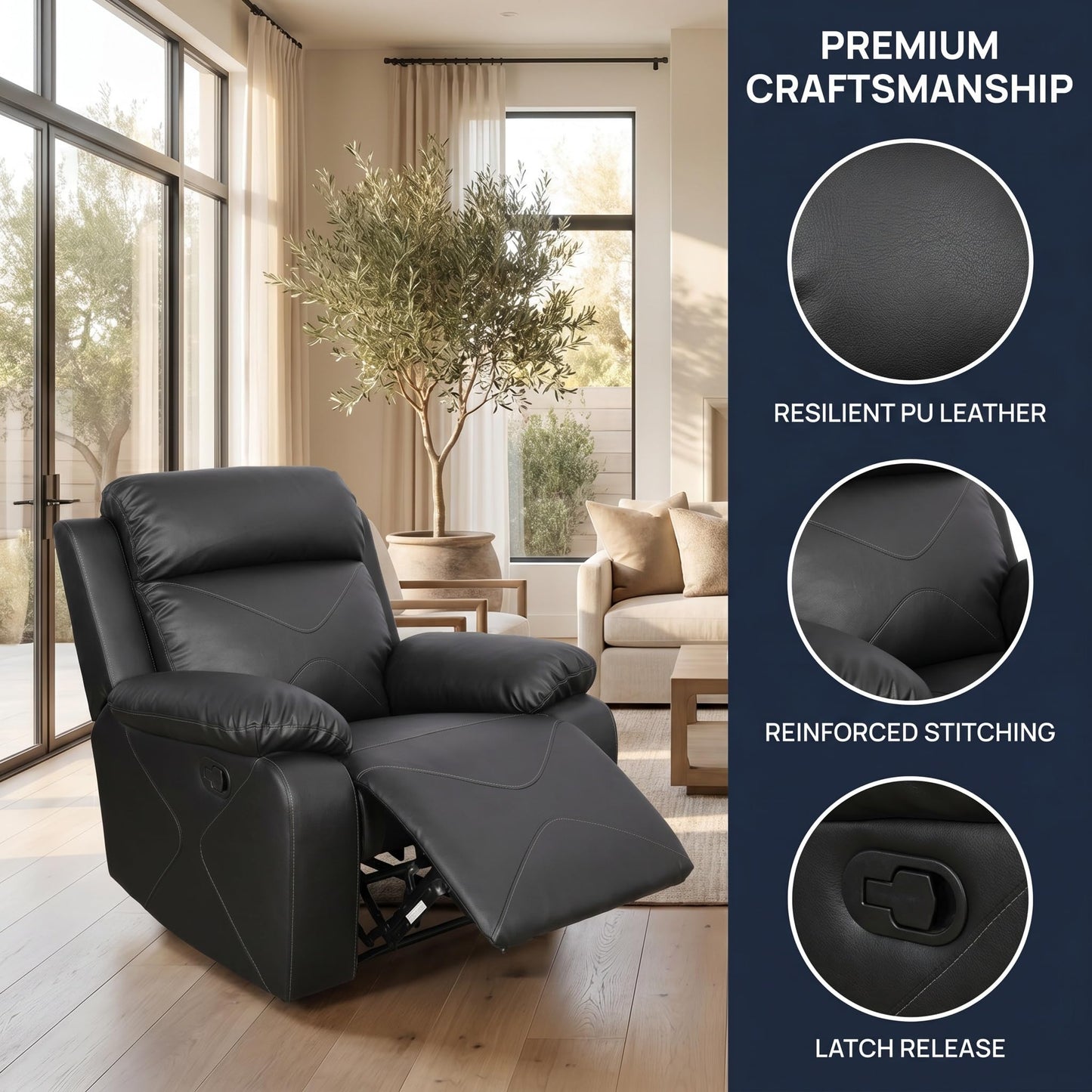 Trygoal Manual Recliner Chair, Nursery Chair, Lazy Boy Recliner Chair for Adults, Gaming Recliner with Overstuffed Arms, Suitable for Home Theater, Living Room, Bedroom, Black
