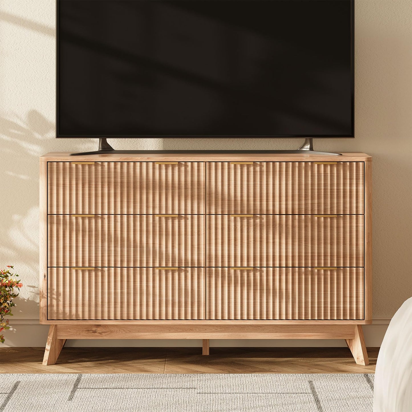 TROJM 47'' Wide 6 Drawers Dresser for Bedroom,Modern Fluted Vertical Chest with Rounded Corners,Fluted Dresser for Living Room,Hallway, Natural Wood