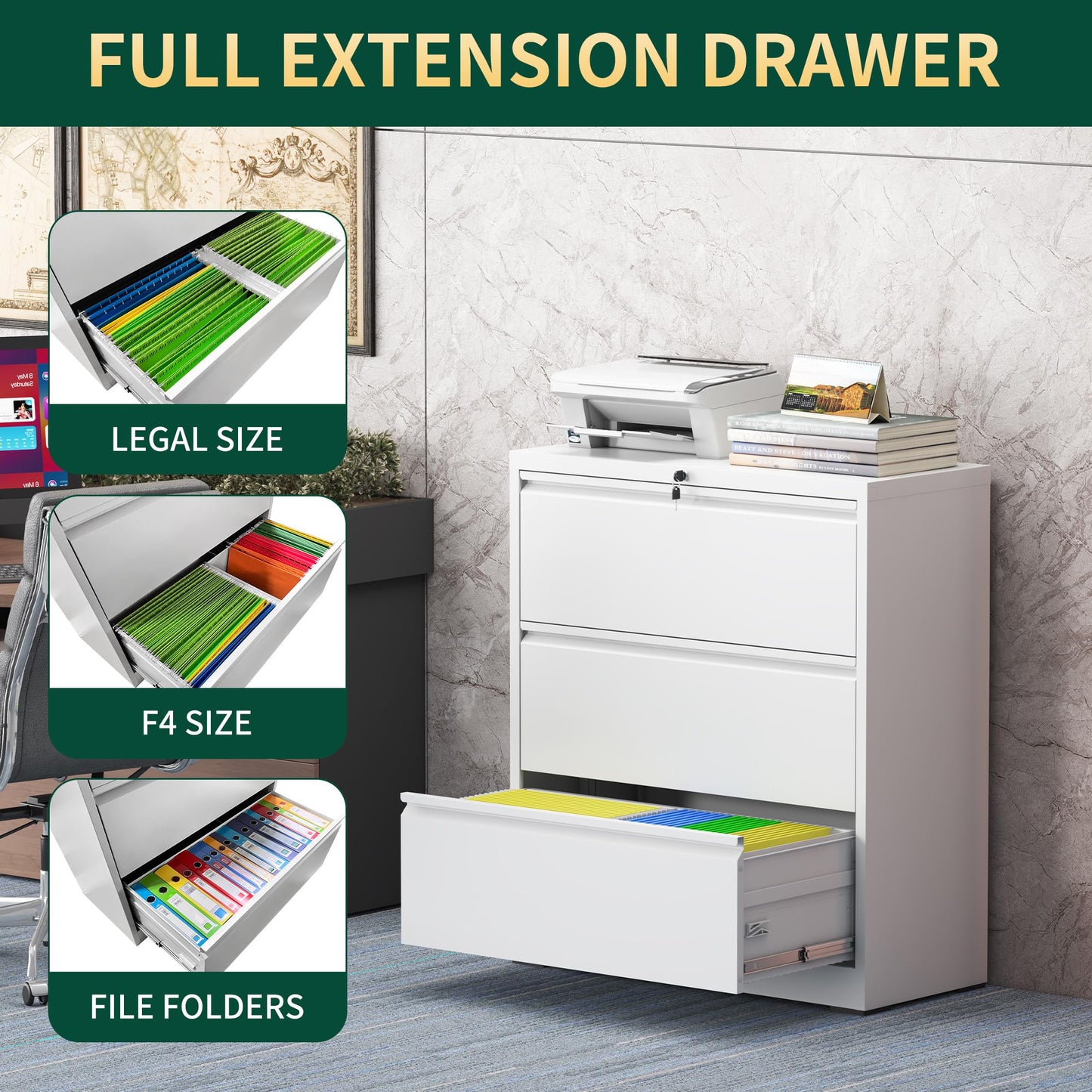 FOSTOKO 3 Drawer Lateral File Cabinet with Lock, Metal Lateral File Cabinets for Home Office, Steel Heavy-Duty Filing Storage Cabinet for Letters/Legal/A4 (Require Assembly, White)
