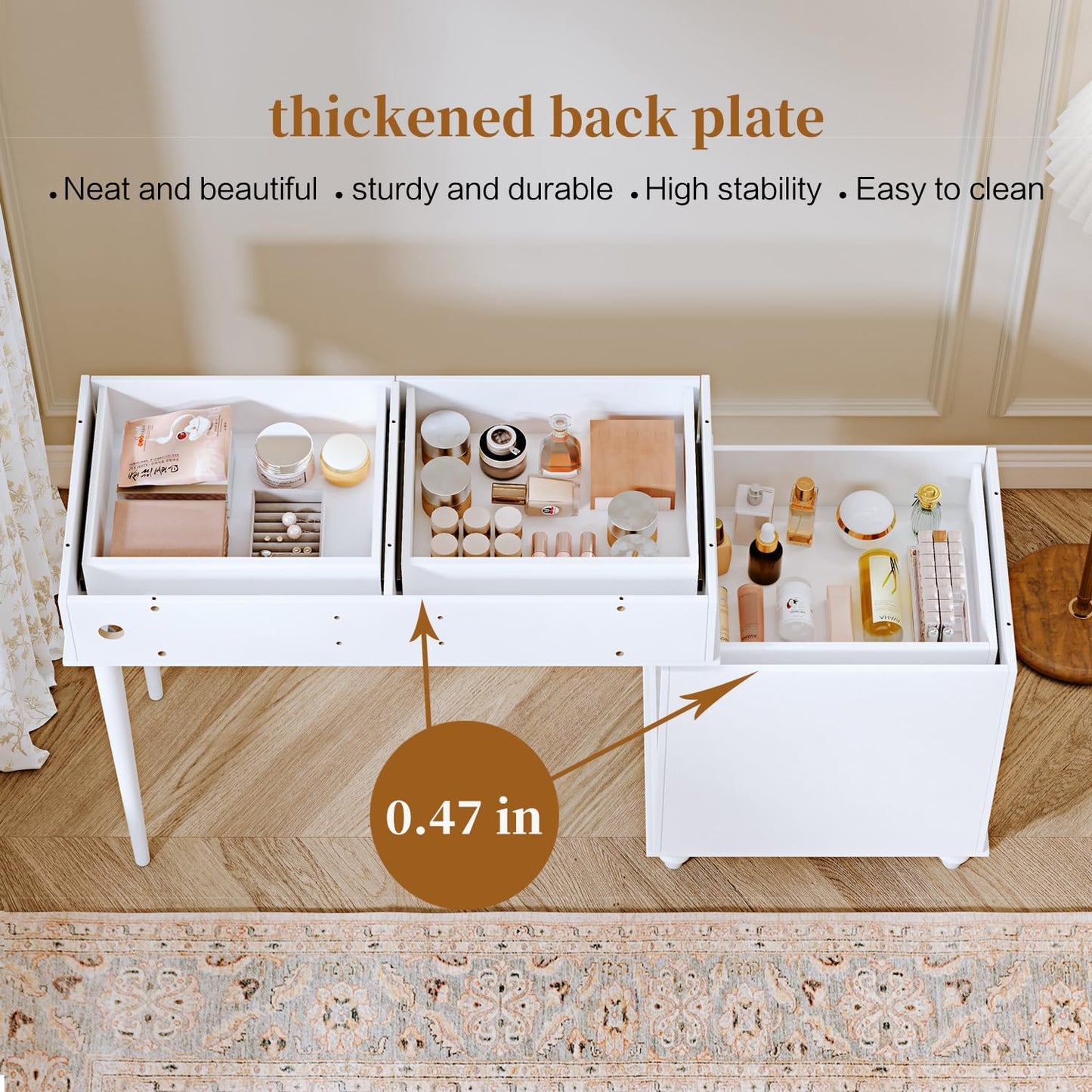 Ieejdn White,Vanity Desk with Mirror and Lights,Makeup Vanity with Power Outlet and Adjustable Cabinet,Modern Makeup Table with 3 Drawers for Bedroom Makeup Room