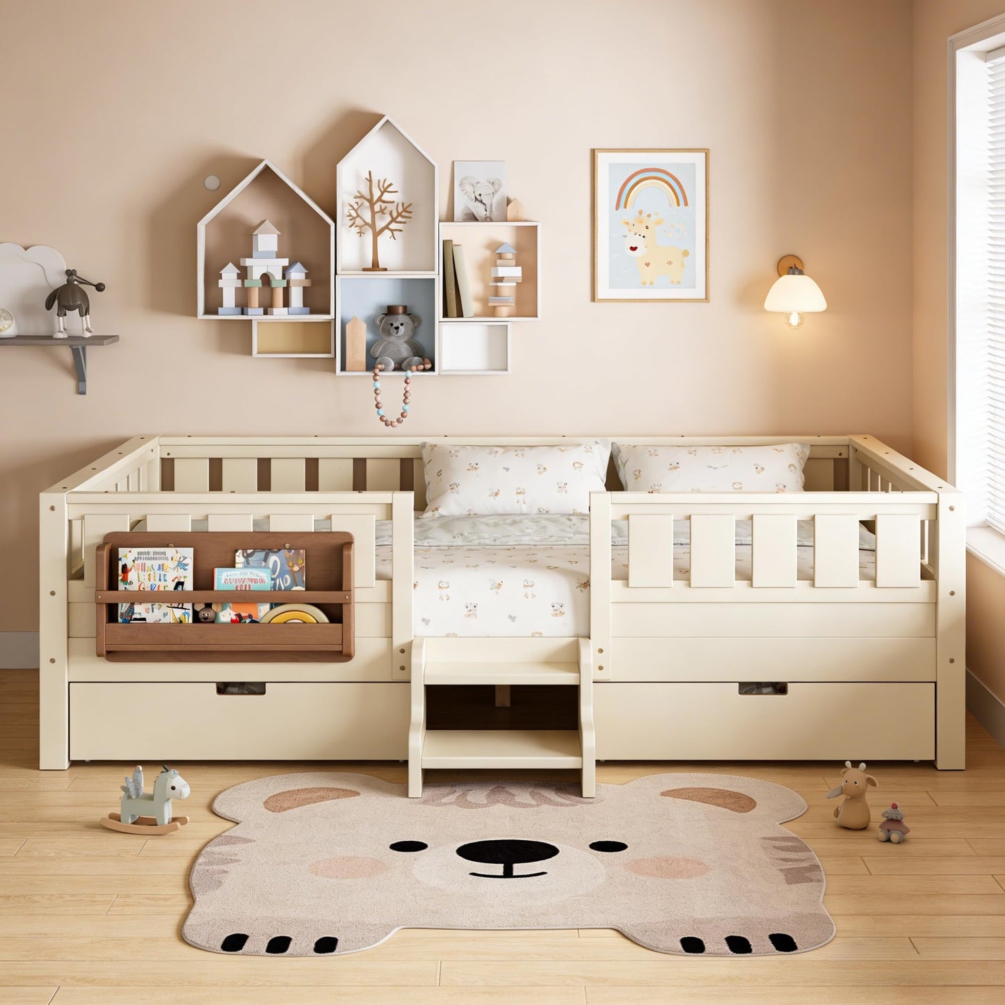 Queen Platform Bed with Storage Drawers and Bookshelves, Kids Platform Bed Frame with Low-profile Stairs and Full-length Guardrails, Queen Bed Frame for Boys, Girls, No Box Spring Needed, Beige