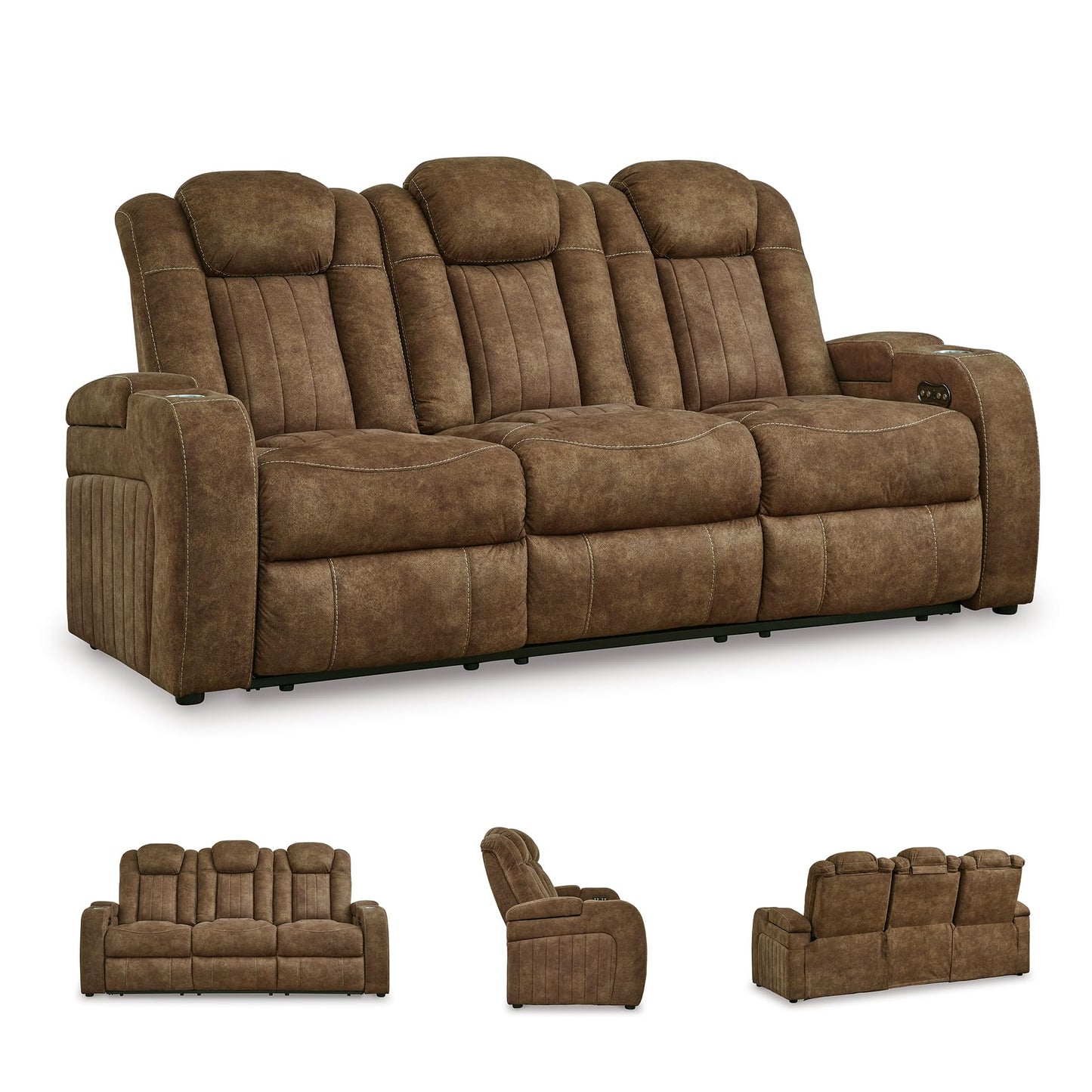 Signature Design by Ashley Wolfridge Contemporary Faux Leather Power Reclining Sofa with Drop Down Table, LED Lights, Electrical Outlet, Wireless Charging, USB Ports and Cup Holders, Light Brown