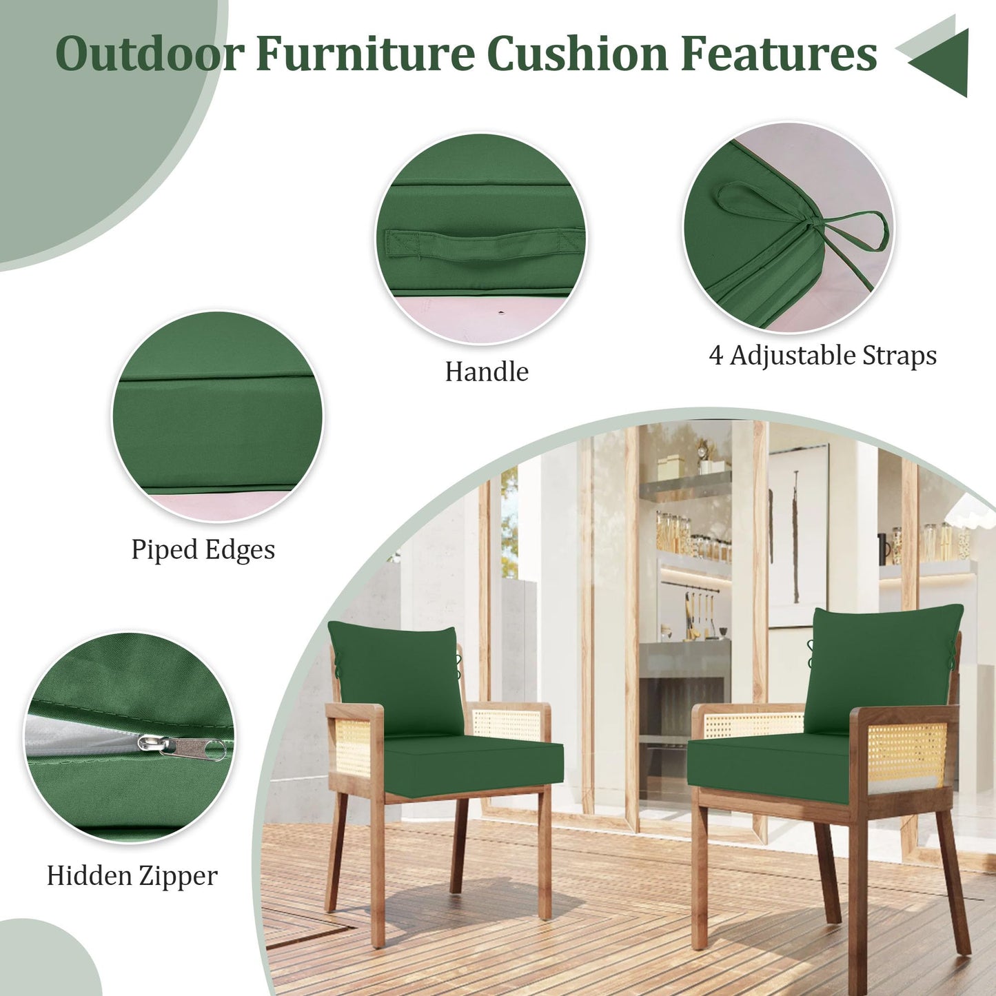 PZDJUMO Outdoor Chair Cushion, 19 x 19 Inch Waterproof Deep Seat Patio Cushions Set of 4, Loveseat Cushions for Outdoor Furniture, 4'' Thick Patio Furniture Cushion with Handle Straps, Dark Green