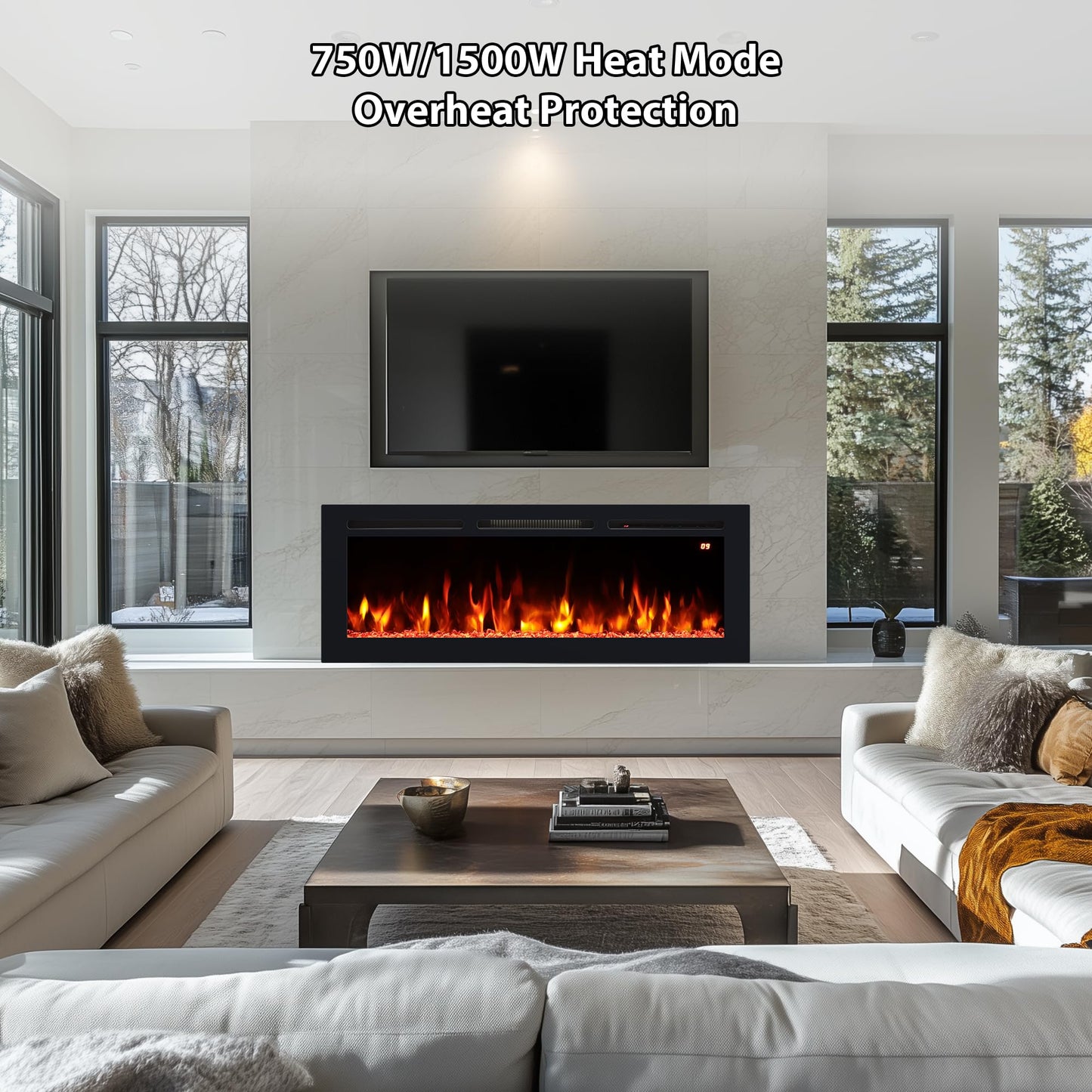 Kentsky 54" Electric Fireplace, Recessed, Wall Mounted and Freestanding Fireplace Heater, Adjustable Flame Color, Speed & Brightness, Thermostat, 9H Timer, Child Lock
