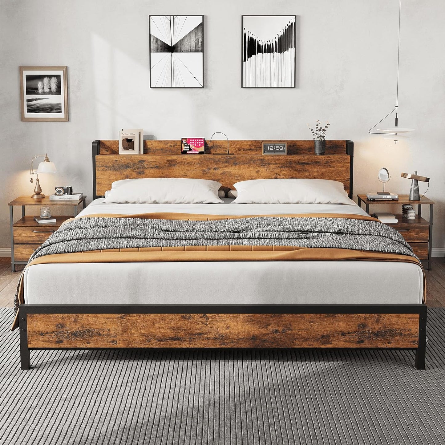 GarveeHome King Size Bed Frame Charging Station with 2 USB Ports & 2 AC Outlets, Heavy Duty Metal Bed Frame with Wooden Headboard and Footboard, No Box Spring Needed, Easy to Assemble, King Size