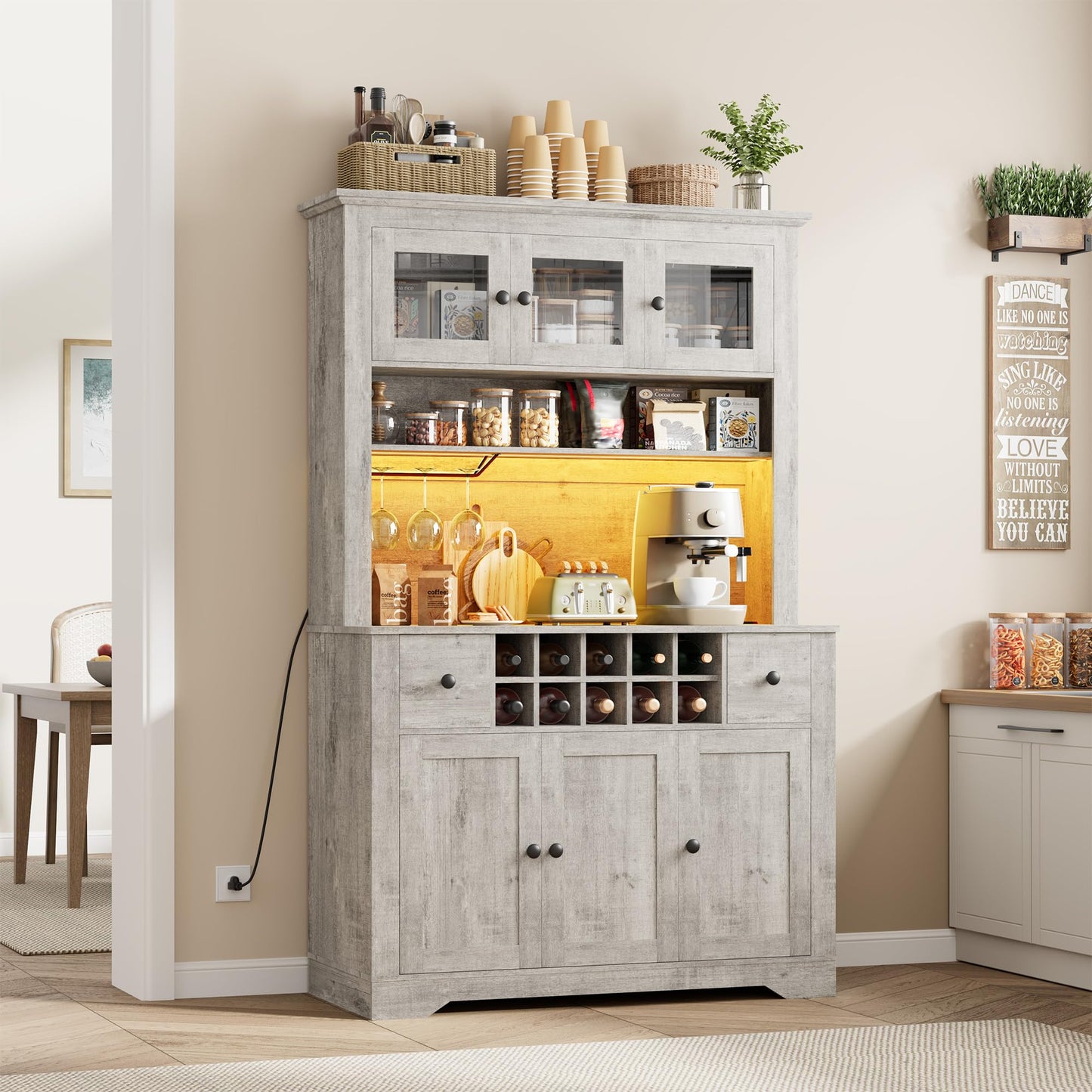 GarveeHome 68.7" Coffee Bar Cabinet with LED Light & Power Outlet, Farmhouse Kitchen Hutch with 2 Storage Drawers, Wine Glass Rack, Adjustable Shelves, Tall Pantry Cabinet for Dining Room, Living Room