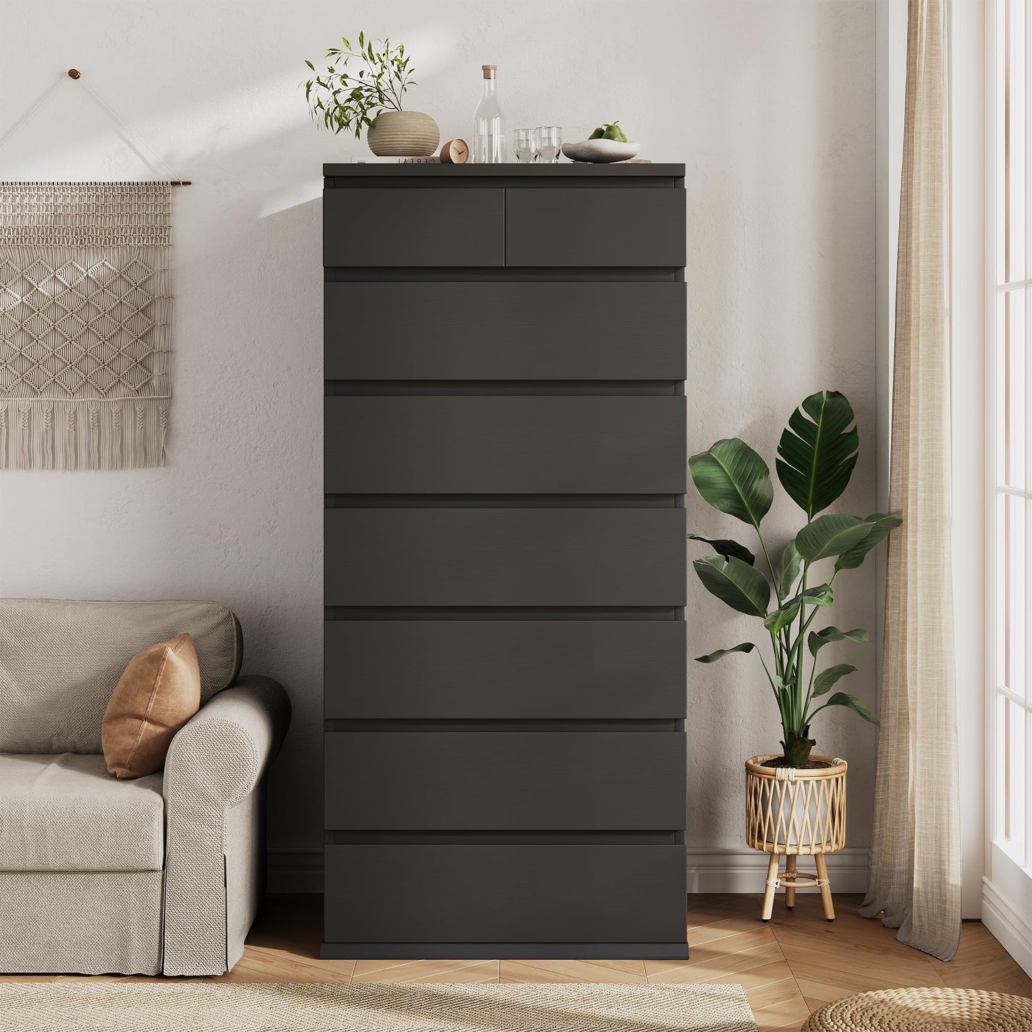 Jocoevol Black Tall 8 Drawer Dresser for Bedroom,Dressers & Chests of Drawers with Jewelry Storage,Wood Storage Dresser with Deep Drawers for Living Room Hallway Entryway(55.3" L*23.6" W*15.7")