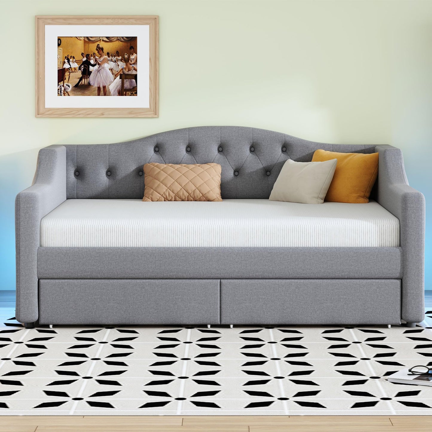 Merax Twin XL Size Modern Upholstered Platform Bed with 2 Drawers, Linen Sofa Daybed with Wood Slat Support, Storage Bed Frame, Space Saving/Gray