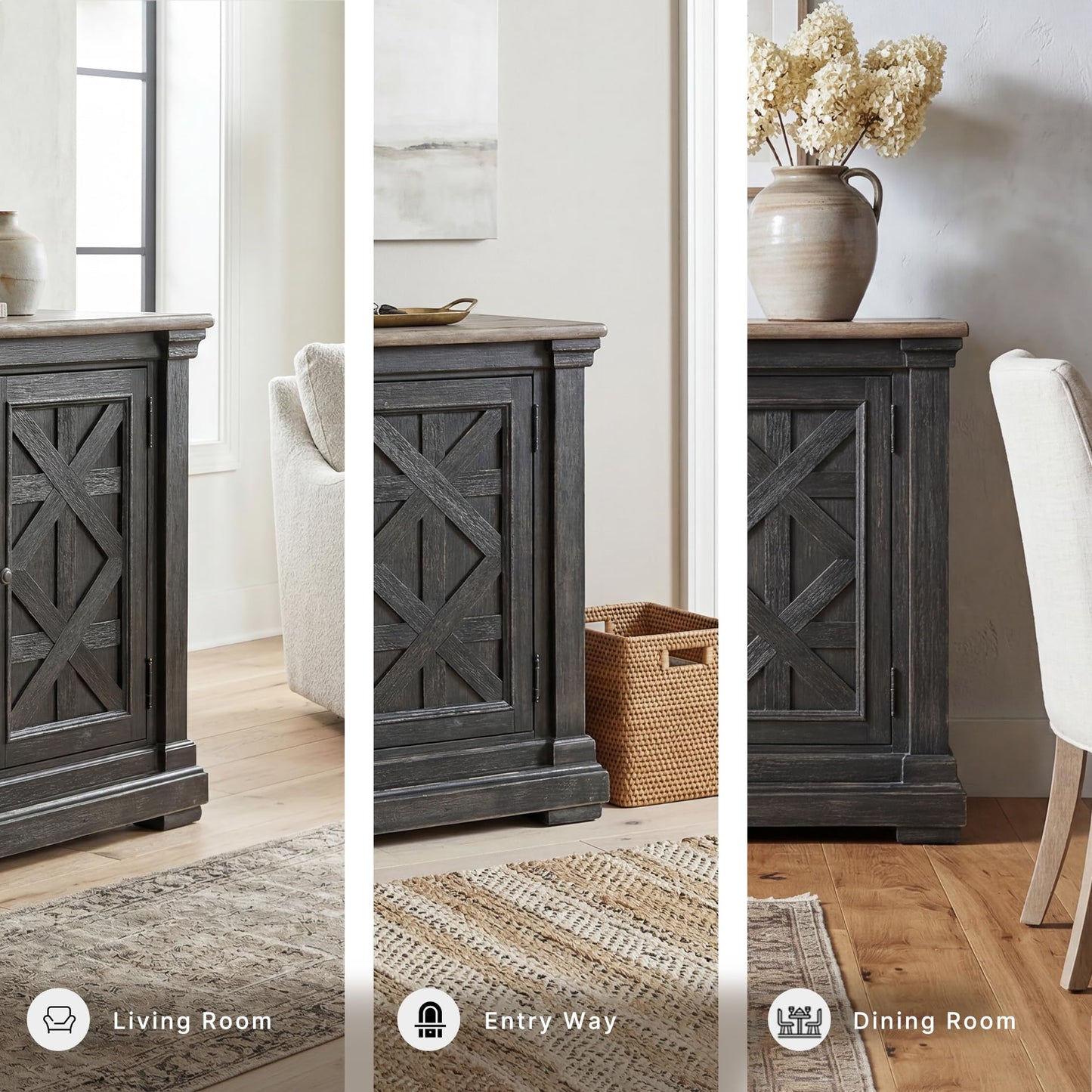 Signature Design by Ashley Tyler Creek Vintage Casual Dining Room Buffet Cabinet or Server with 3 Doors and Lattice Design, Wood, 36" High, Black & Gray