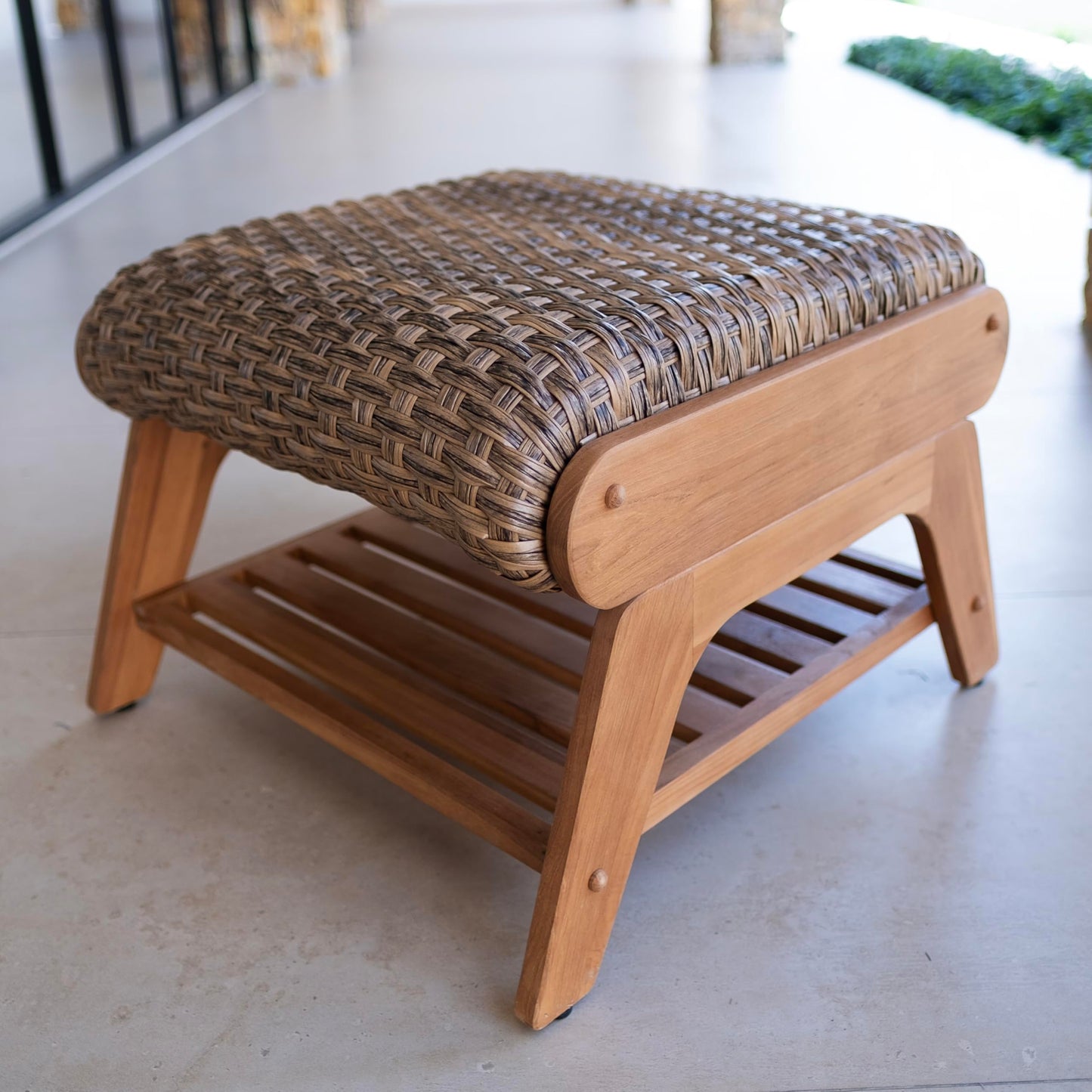 Cambridge Casual Camden Teak Padded Woven Seat Patio Adirondack Conversation Set - Brown, Adirondack with Ottoman, Free Patio Cover, Quick Dry Foam, Weather-Resistant, Ottoman with Lower Storage