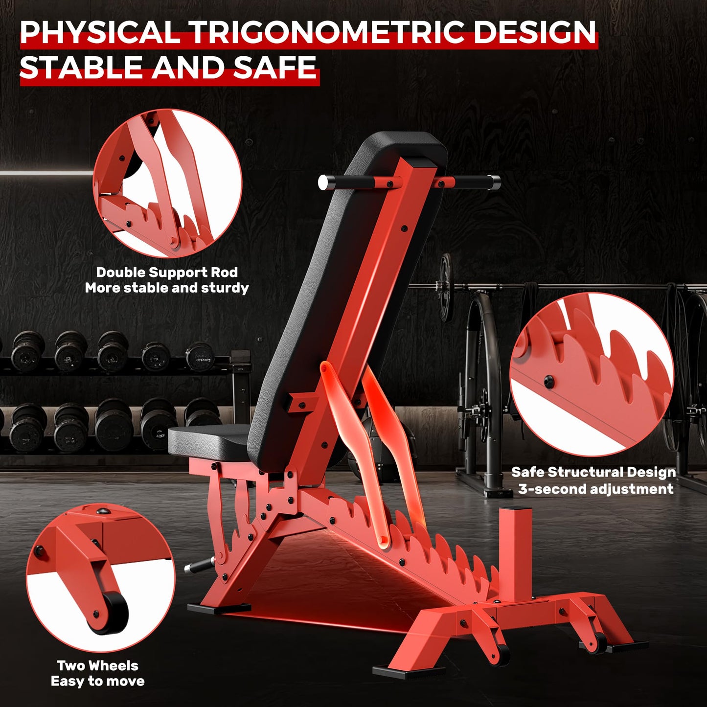 STACOO Weight Bench, Adjustable Workout Bench for Home Gym Full Body Workout, 1300LBS Weight Capacity Bench Press, Flat/Incline Bench with 33" Extra-Long Backrest & Wheels