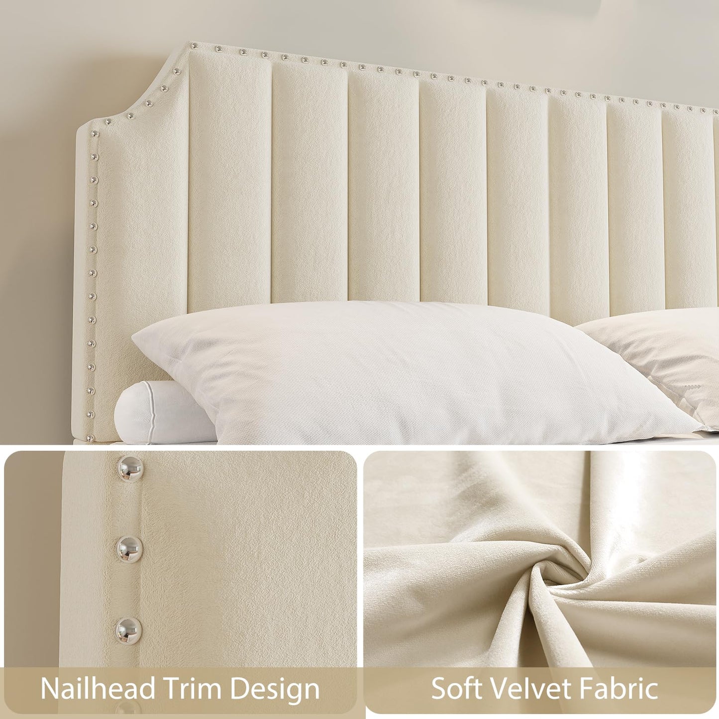 King Size Velvet Bed Frame, Vertical Channel Tufted 50.2" Tall Headboard and Footboard with Nailhead Trim, Upholstered Platform Bed, Strong Wooden Slats, No Box Spring Needed, Easy Assembly, Beige