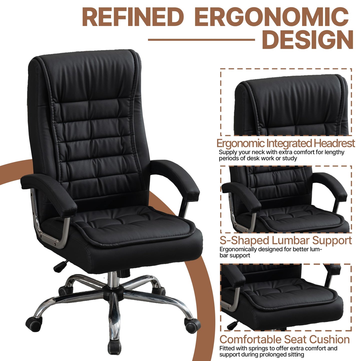 KEIKI Executive Office Chair High Back PU Leather Desk Chair with Spring Cushion, Ergonomic Swivel Computer Chair, Chrome Armrests, Adjustable Rolling Chair for Home Office, Black