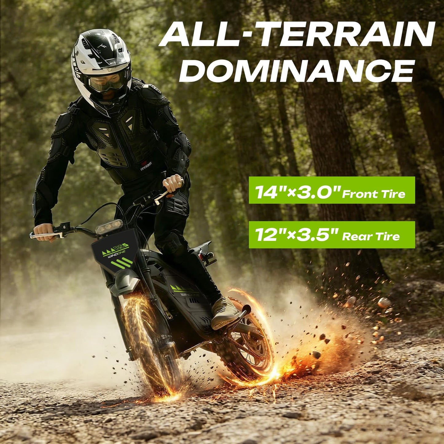 WindoneRide RS5 Electric Dirt Bike, 2200W 37MPH Electric Motorcycle, 48V/22.5Ah Battery Ebike, Full-Suspension Off-Road Mountain E Dirt Bike, Dual Hydraulic Brakes, Green