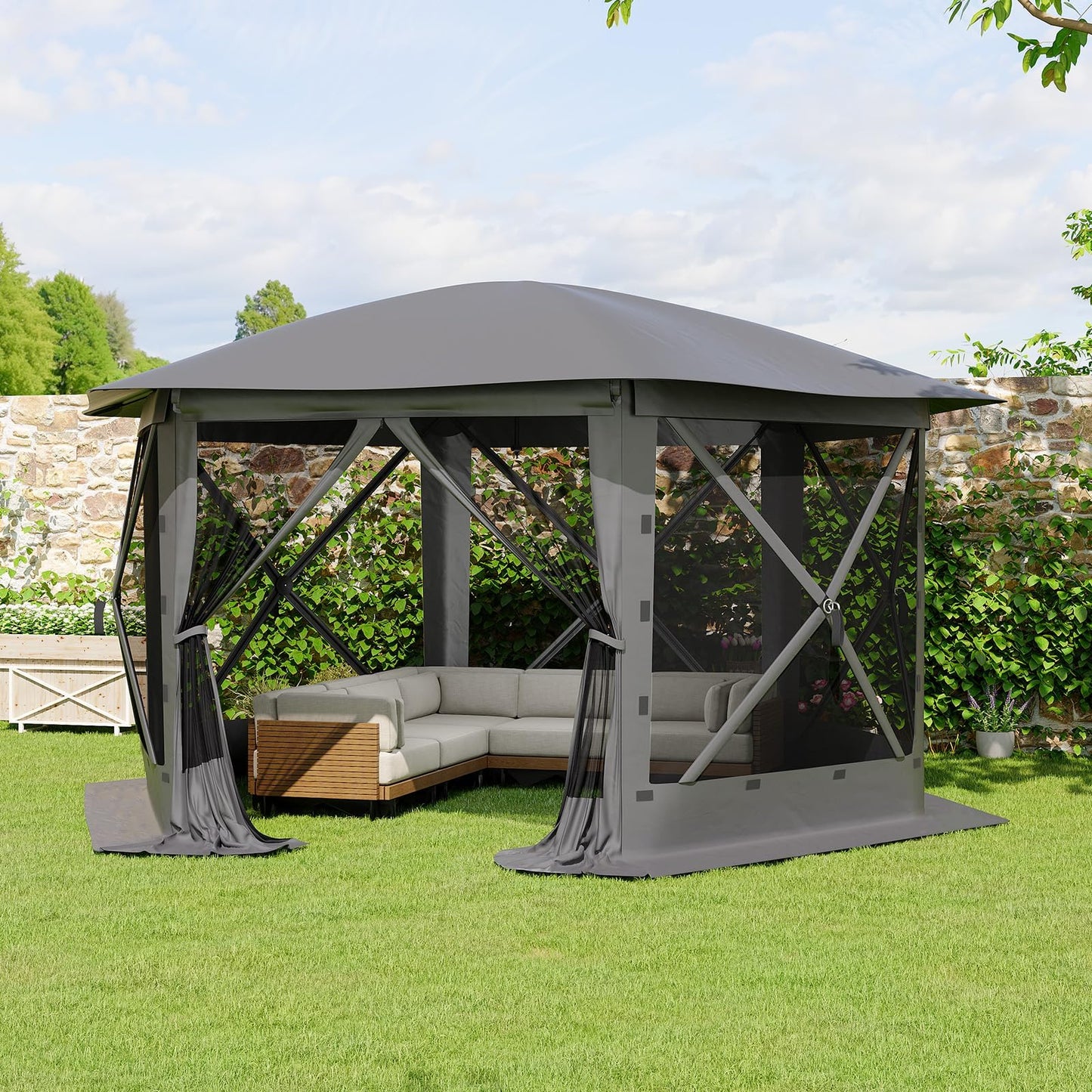 GarveeLife 13x13FT 6-Sided Pop Up Gazebo Tent，One-Push Setup Canopy Tent with Removable Canopy Top & Wind Cloths, Outdoor shelter for Camping, Backyard Parties, Outdoor Events - Grey