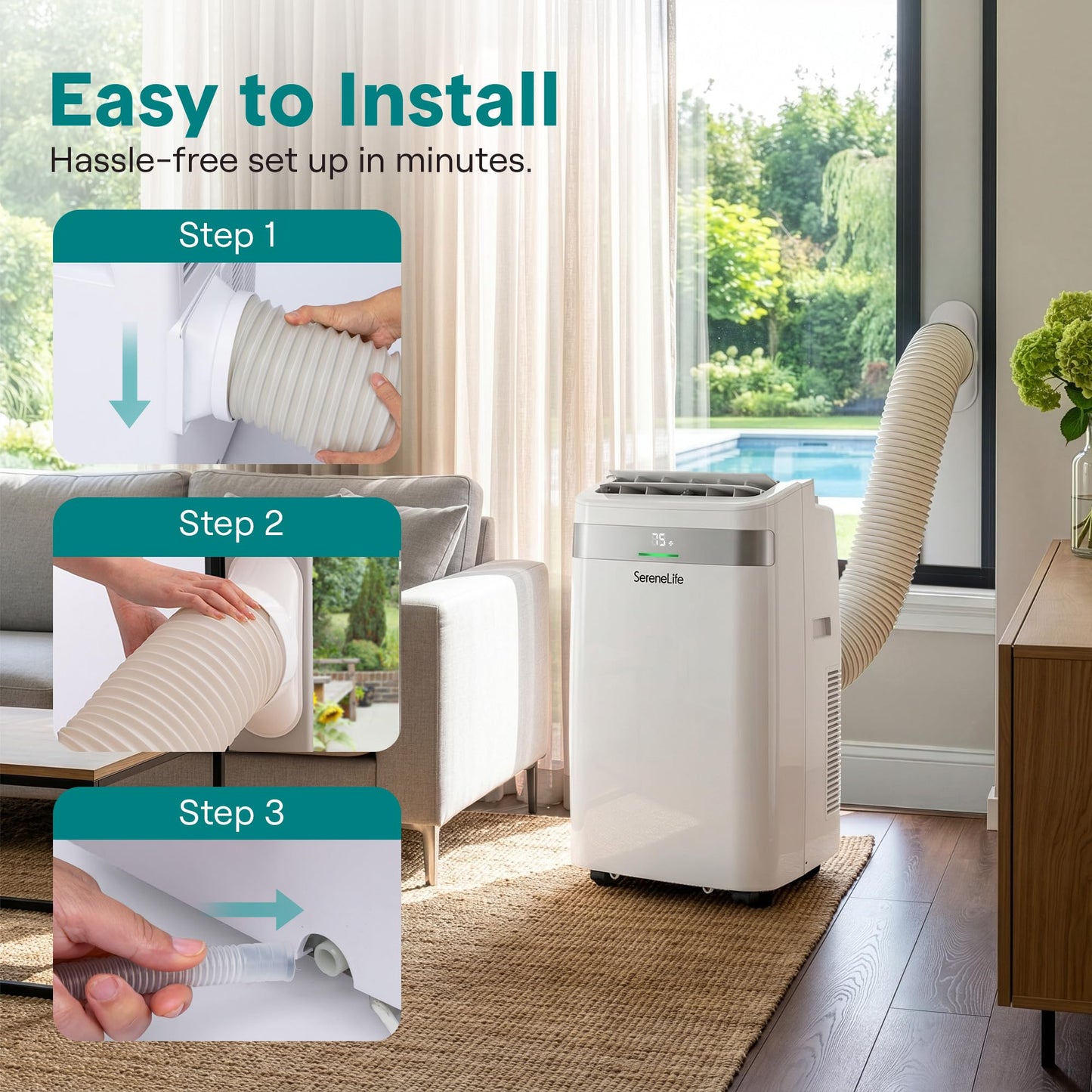 SereneLife Portable Air Conditioner with Wi-Fi, 12,000 BTU Cooling, Compact AC Unit with Window Mount Kit, Dehumidifier & Fan Modes, Adjustable Temperature, Ideal for Bedrooms, White