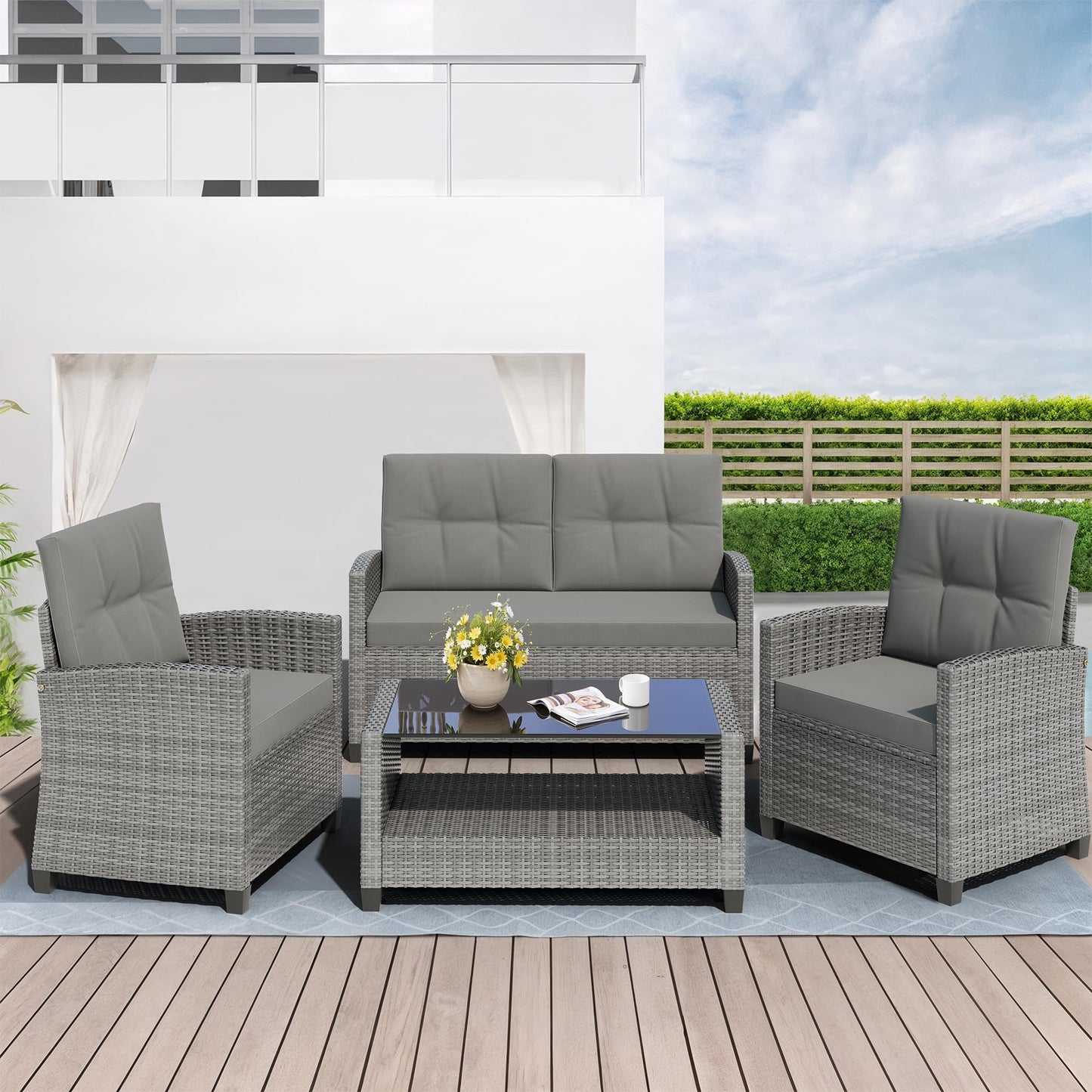 Shintenchi 4 Piece Patio Furniture Set, Outdoor Rattan Conversation Set with Coffee Table, Outside Wicker Sectional Sofa Couch with Cushion, Gray