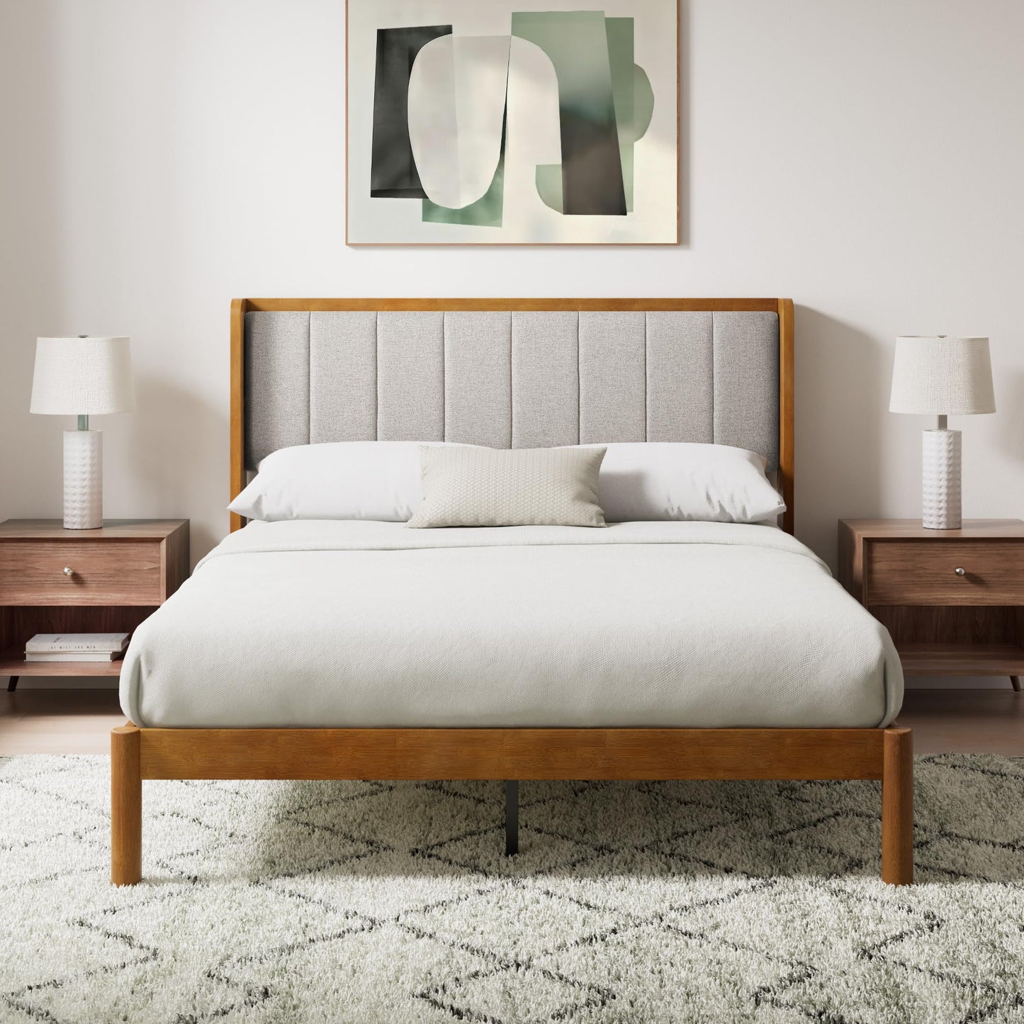 Zinus Jonas Bamboo Platform Bed Frame, Wingback Headboard, Mid-Century Modern Design, Plush Upholstered Comfort, Sustainable Bamboo, Fits Any Bedroom Style, No Box Spring Needed, Queen