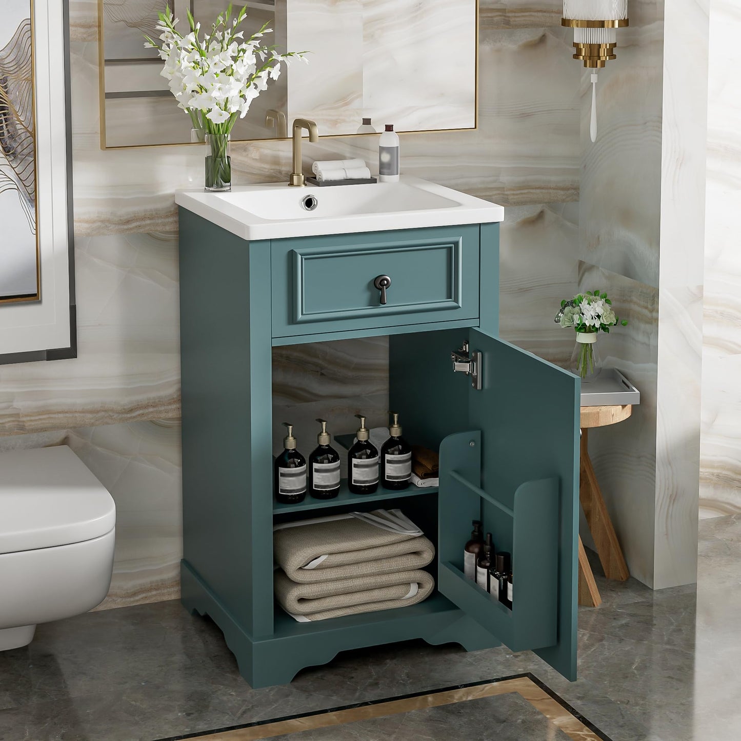 Merax Modern 20'' Bathroom Vanity with Single Sink Combo, Solid Wood Bathroom Storage Cabinet with Soft Close Door & Adjustable Shelf, Freestanding Vanities Set with Door-Mounted Storage Rack, Green