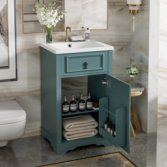 Merax Modern 20'' Bathroom Vanity with Single Sink Combo, Solid Wood Bathroom Storage Cabinet with Soft Close Door & Adjustable Shelf, Freestanding Vanities Set with Door-Mounted Storage Rack, Green