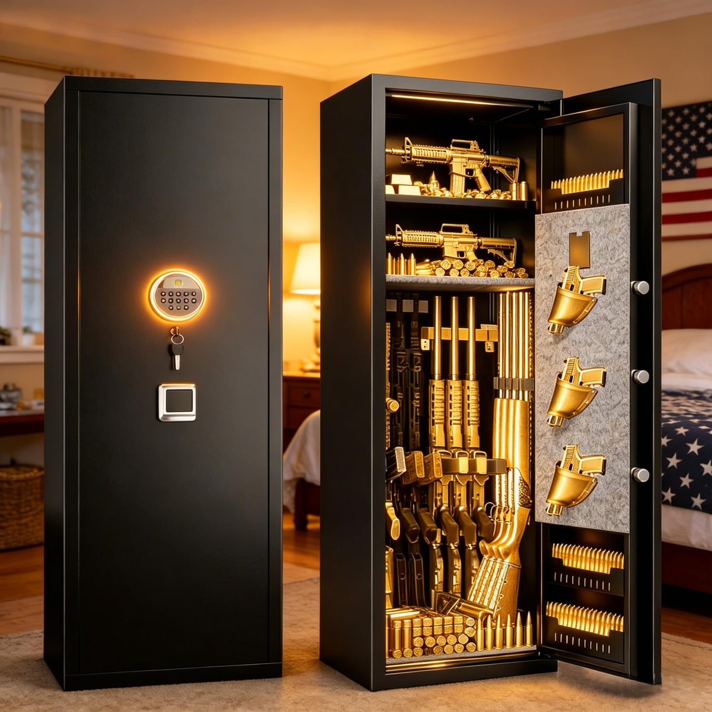Bezuny No Assembly Required Gun Safe for Rifles and Pistols Fingerprint,14" W x 58" H Adjustable Gun Cabinet for Home,14-15 Gun Safes for Rifle and Password Lock,Black