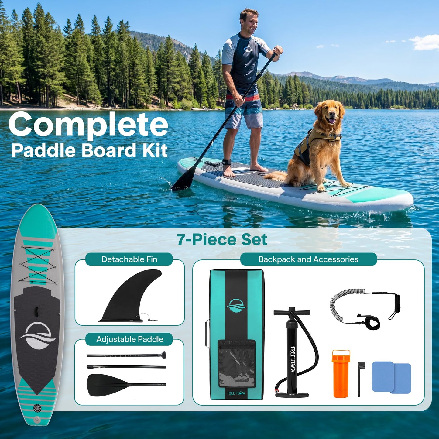SereneLife 10’6” Inflatable Stand Up Paddle Board with Premium SUP Accessories - 32” Wide Stable Design with Non-Slip EVA Deck Pad, for Youth and Adults, 350 lbs. Capacity