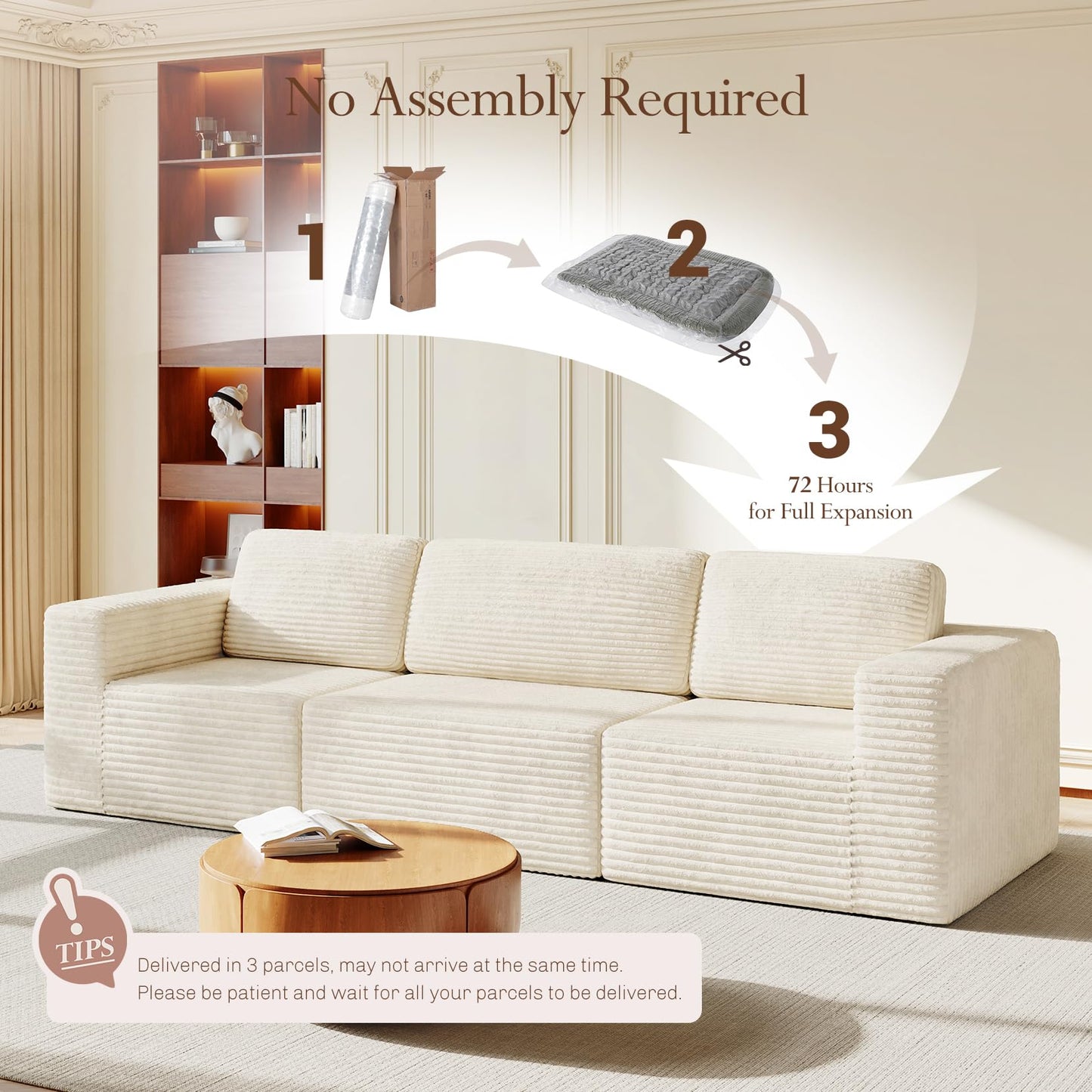119" Modular Sofa Set, Corduroy Cloud Sectional Couch with Extra Deep Seating & Reinforced Spring System, Compact 3-Seater Boneless Sofa for Living Room & Apartment Spaces, Tool-Free Setup, Beige