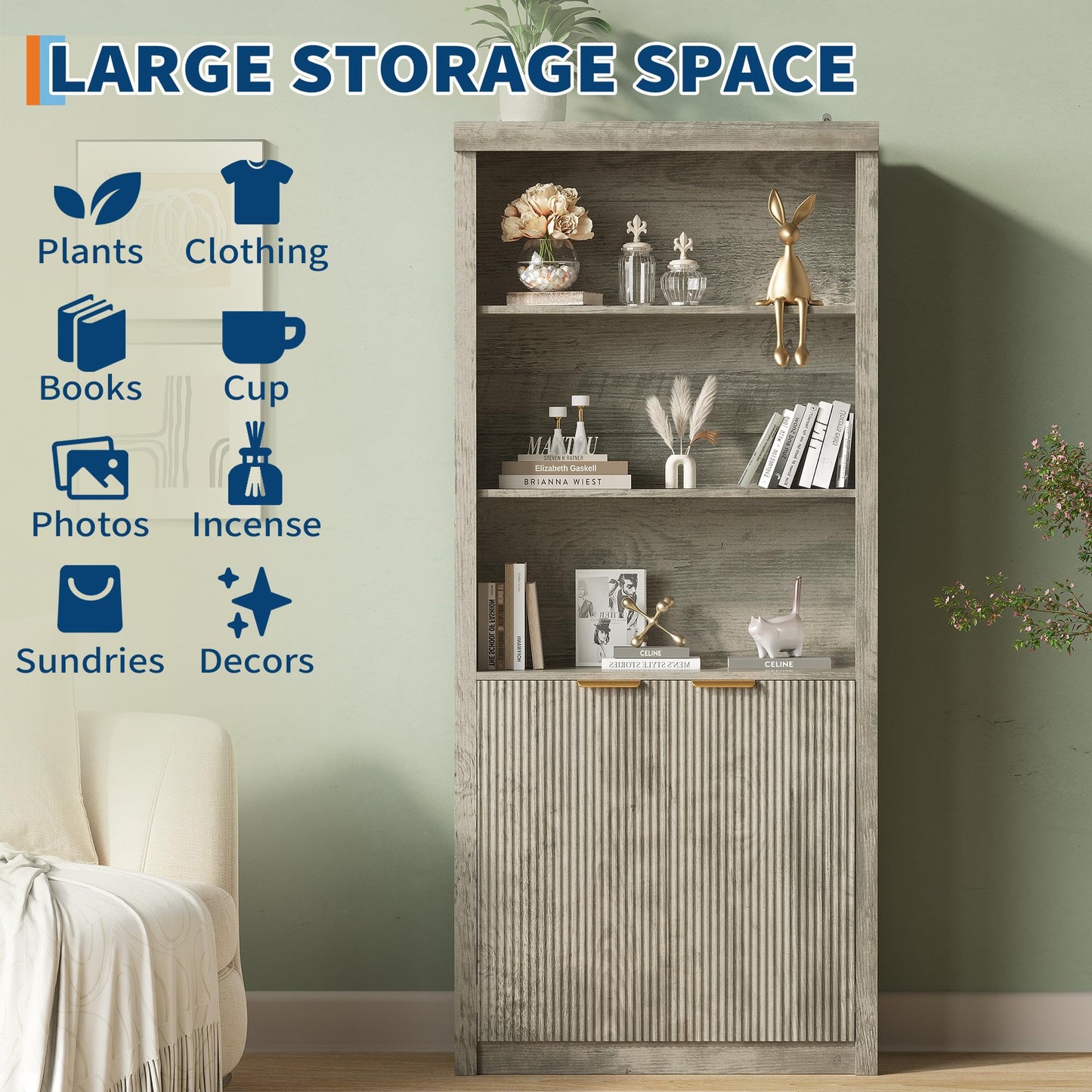Garvee 71" Tall Bookshelf with Fluted Doors, 5 Tier Bookcase Display Shelves with Storage Cabinet & Adjustable Shelf, Mid-Century Modern Bookshelves for Home Office, Living Room, Grey
