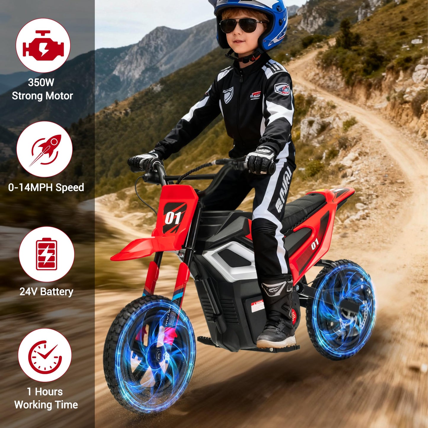 Electric Dirt Bike for Kids 10-12 Years, 350W Motor 14MPH Off-Road Motorcycle, 24V 7AH Battery 12" Fat Tire Suspension, 130lbs Max Load Mini Dirtbike for Teens Boys Girls