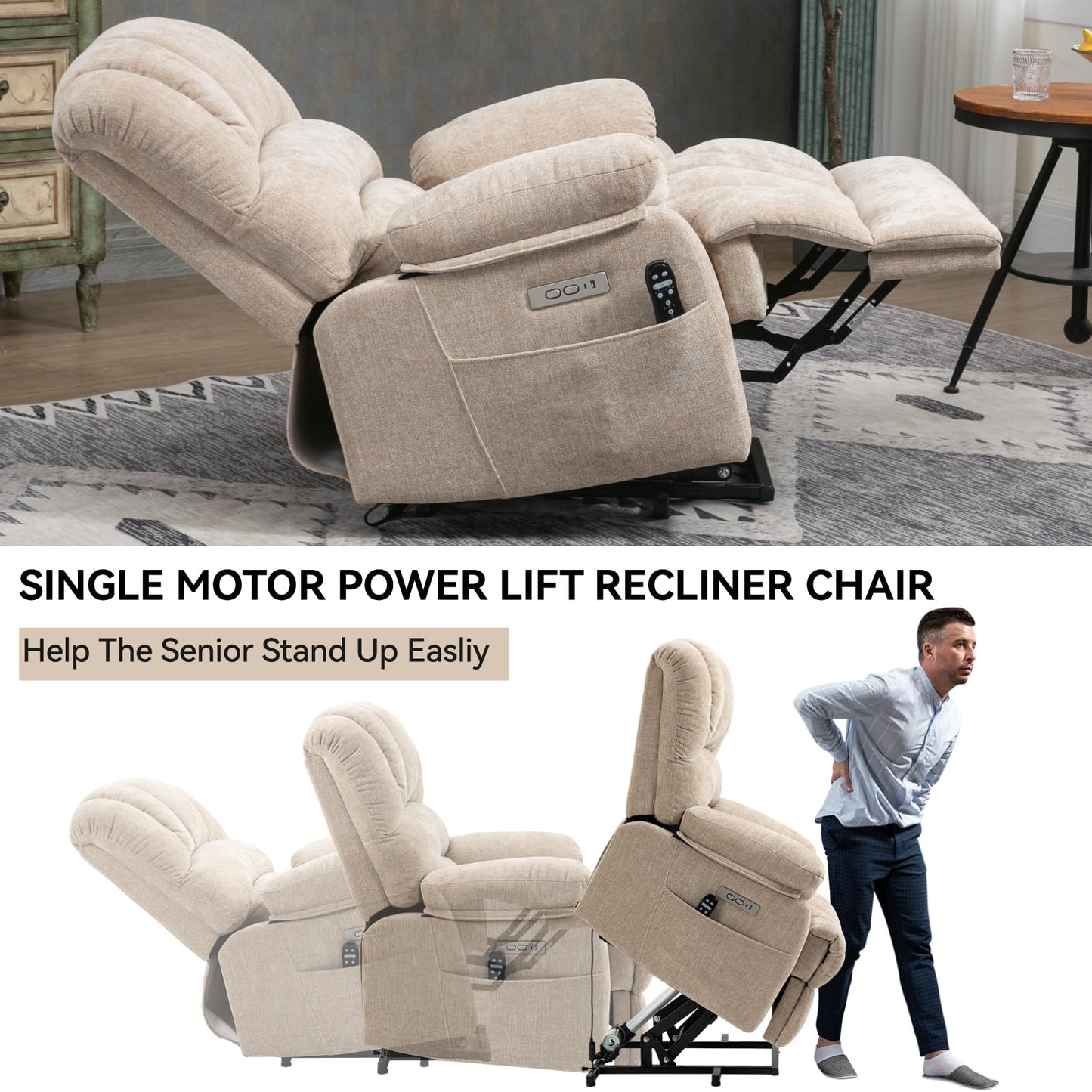 KEIKI Large Power Lift Recliner Chair with Wide Seat and Remote for Big and Tall, Soft Fabric Finish with Vibration Massage and Lumbar Heating