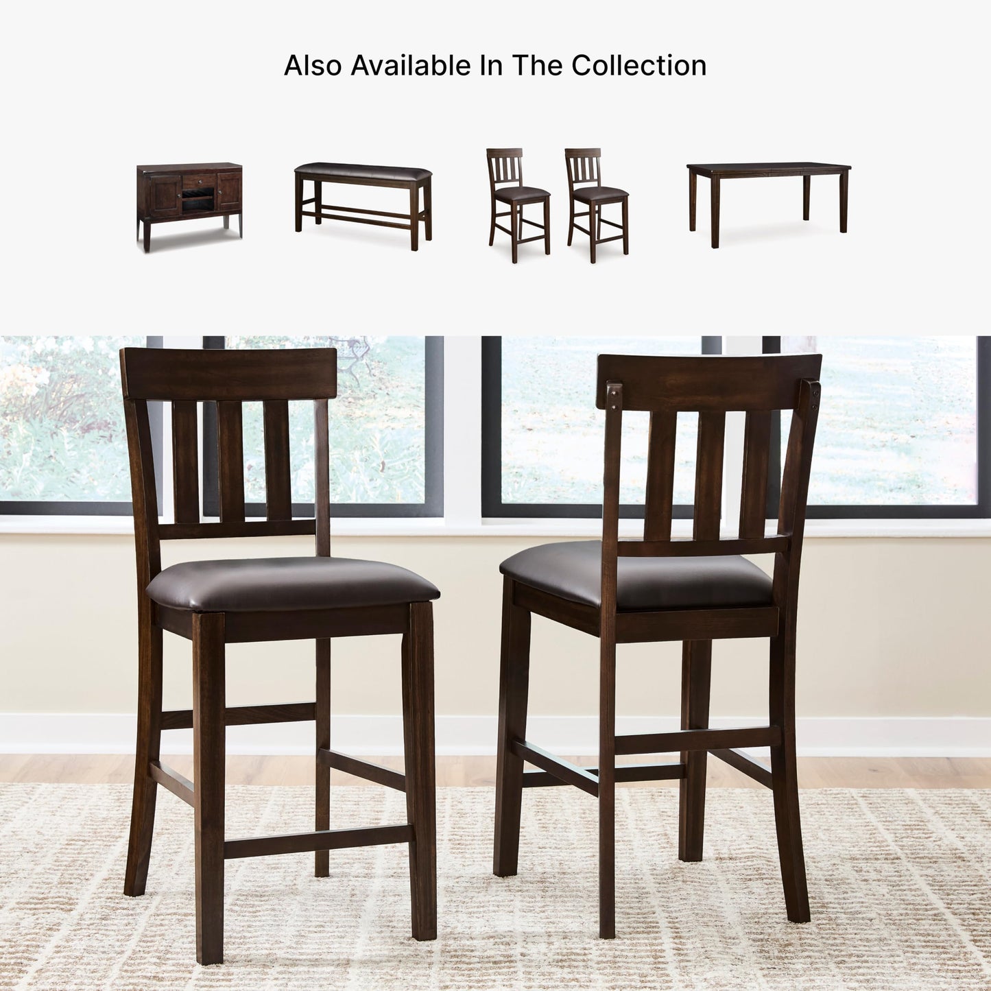 Signature Design by Ashley Haddigan Upholstered Barstool, 2 Count, Slat Back Design, Cushioned Seat, Wood, 25.5" H, Dark Brown