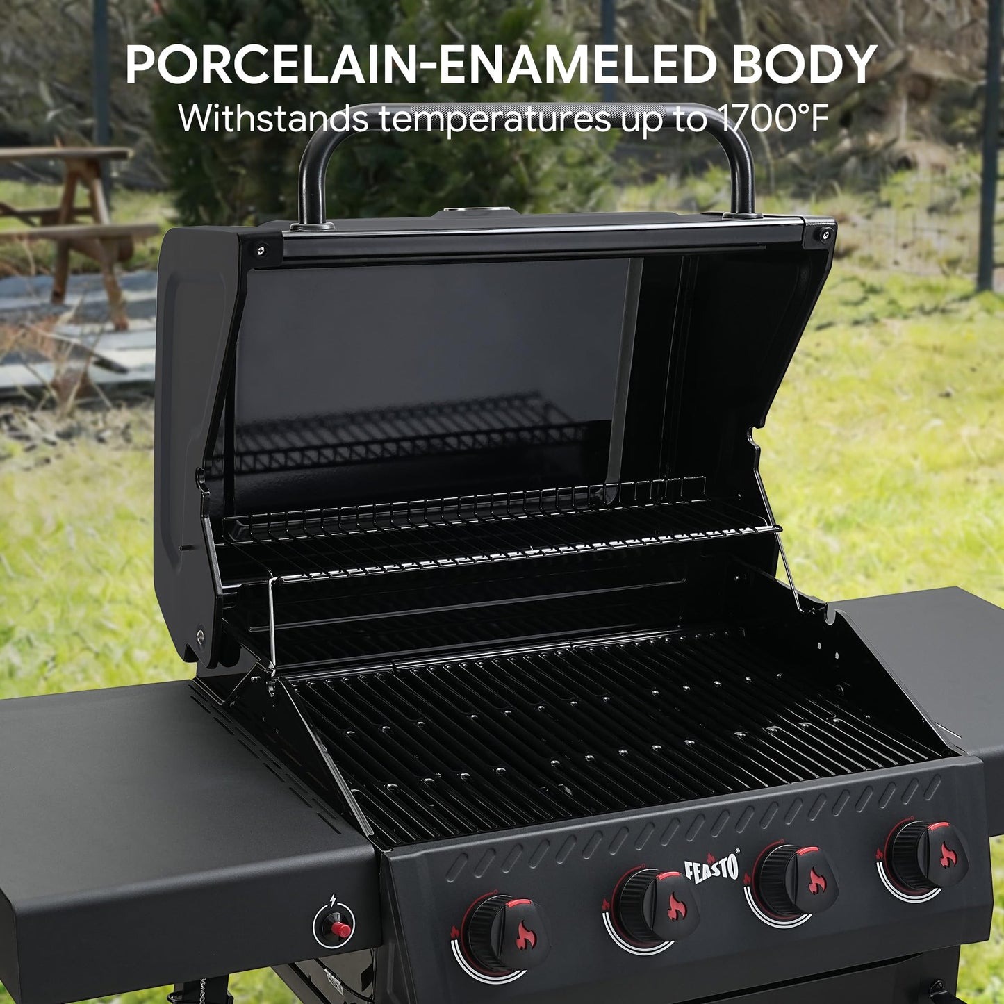 Feasto 4-Burner Gas BBQ Grill with Side Tables, 36,000 BTU Outdoor Propane Grill with Premium Enameled Coated Chamber Body & Porcelain-Enameled Grates for Deck Party & Patio BBQ, 559 Sq. In., Black