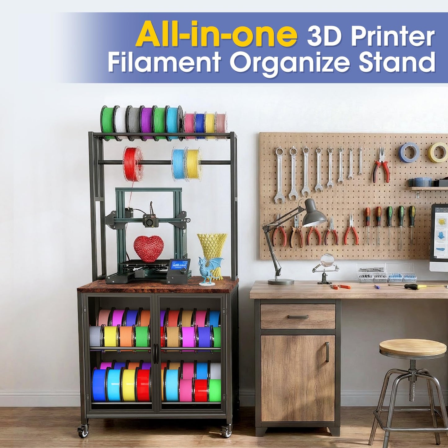 MASHELLY 3D Printer Stand with Filament Storage,3D Printing Filament Organizing Table, with Wheels and Storage Cabinet, Heavy-Duty 3D Printer Workbench for Studios and Offices, Black