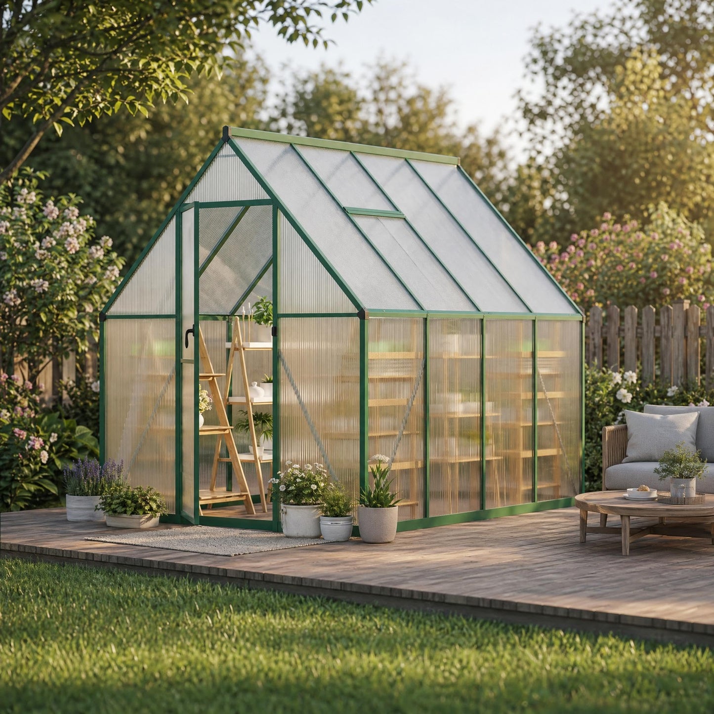 CABIHOME 6x7 FT Outdoor Greenhouse, Polycarbonate Greenhouse with Roof Vent and Ground Nails, Aluminum Large Walk-in Green House w/ Lockable Push Door for Outdoor Garden (Olive, 6x7 FT)