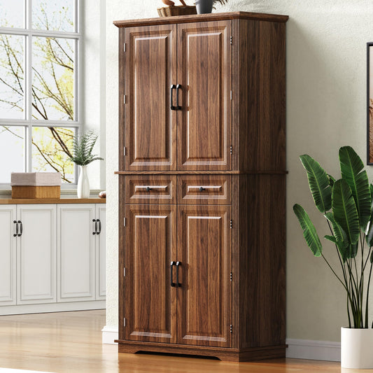 GDFStudio Hakf 71" Tall Kitchen Pantry Cabinet, 3 Pull Out Pantry Cabinet Organizers, Spacious Storage Organizer with 6 Door Shelves, 2 Drawers, Freestanding Cupboard for Kitchen Dining Room, Brown