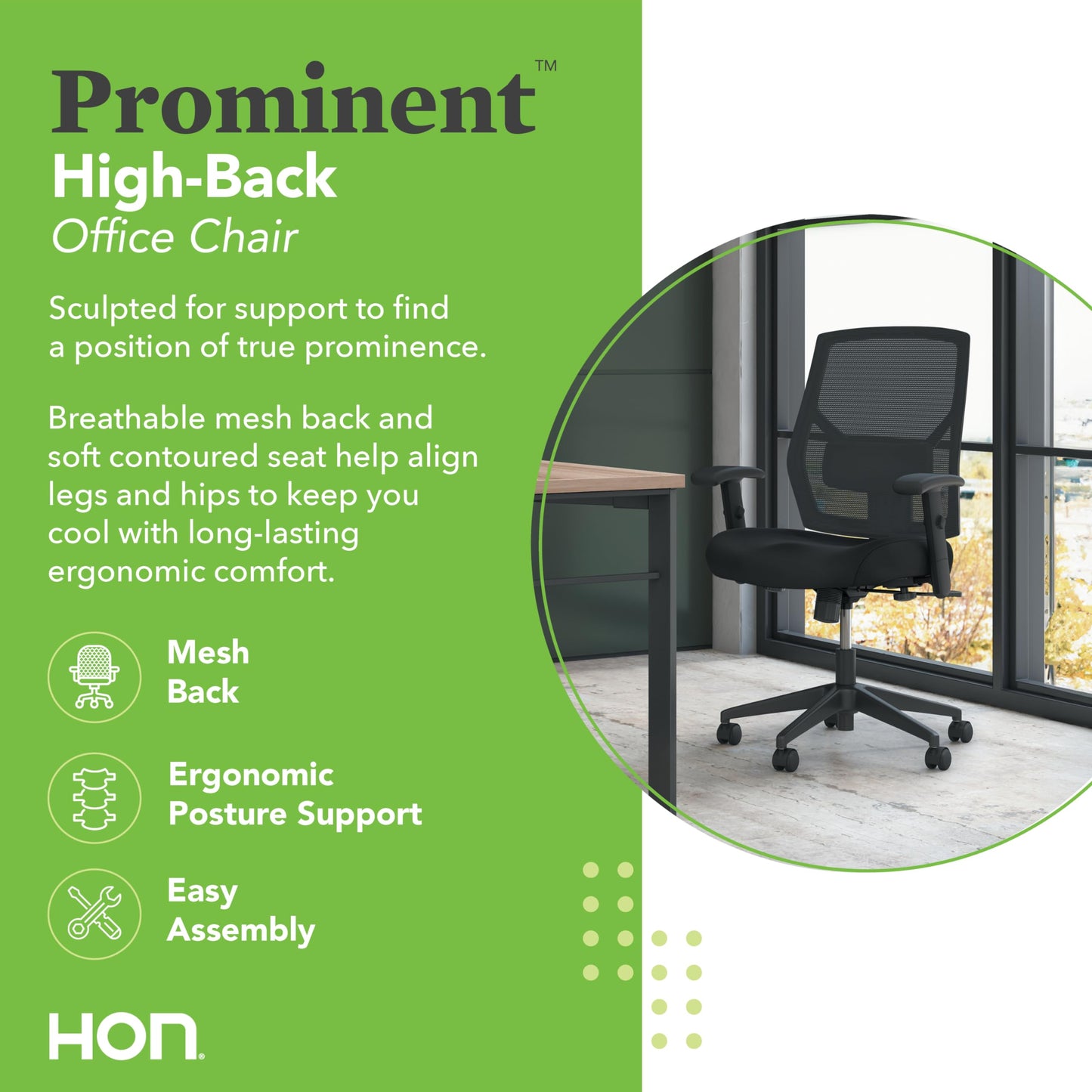 HON Prominent High Back Ergonomic Office Chair with Adjustable Center‑Tilt Recline, Height Adjustable Arms, Swivel Desk and Computer Chair for Home Office or Workstation, Black