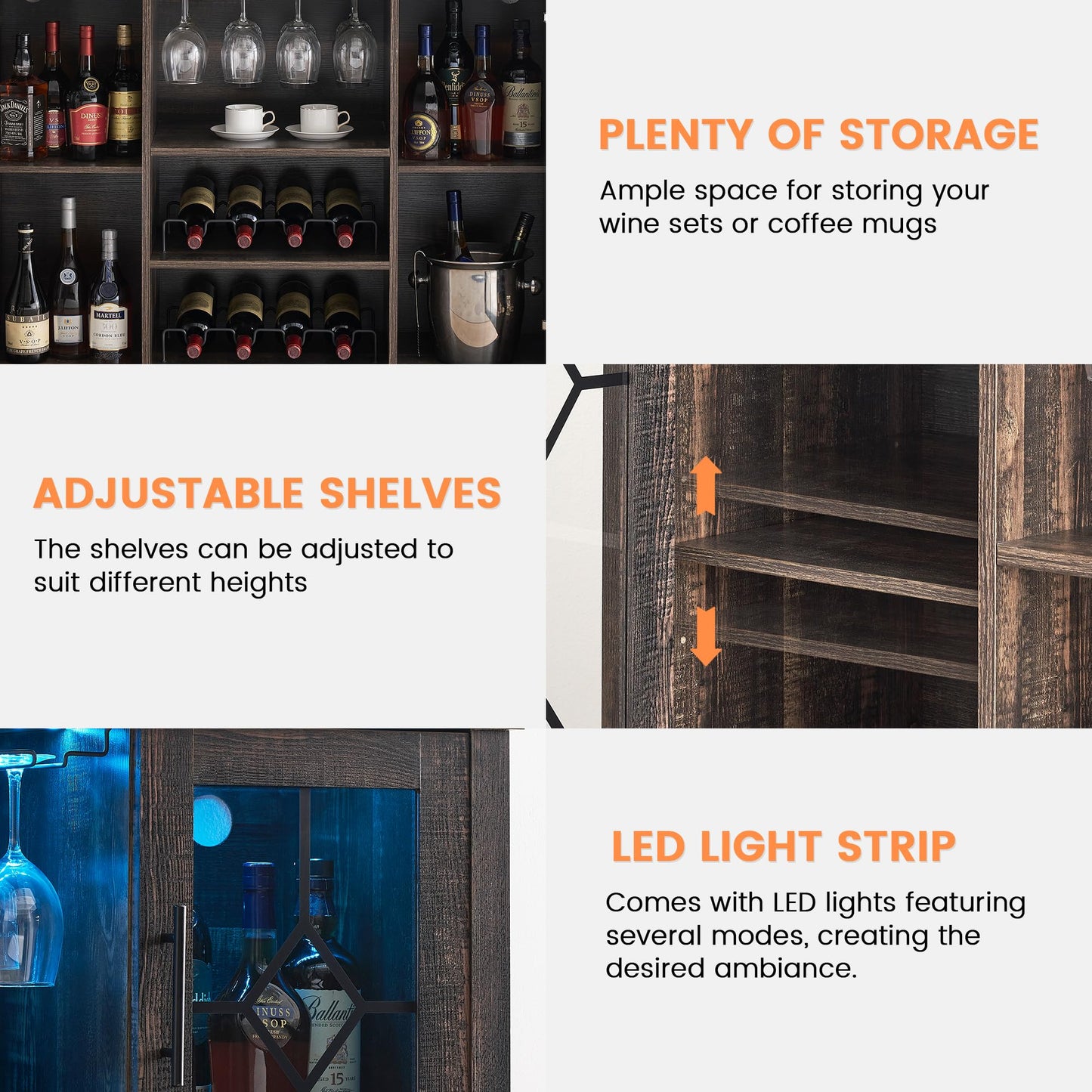 CABIHOME 47" Wine Bar Cabinet with LED Light, Farmhouse Industrial Wine Cabinet, Coffee Station with 2 Adjustable Shelves & Storage, Dining Room, Living Room, Home Bar Furniture, Oak