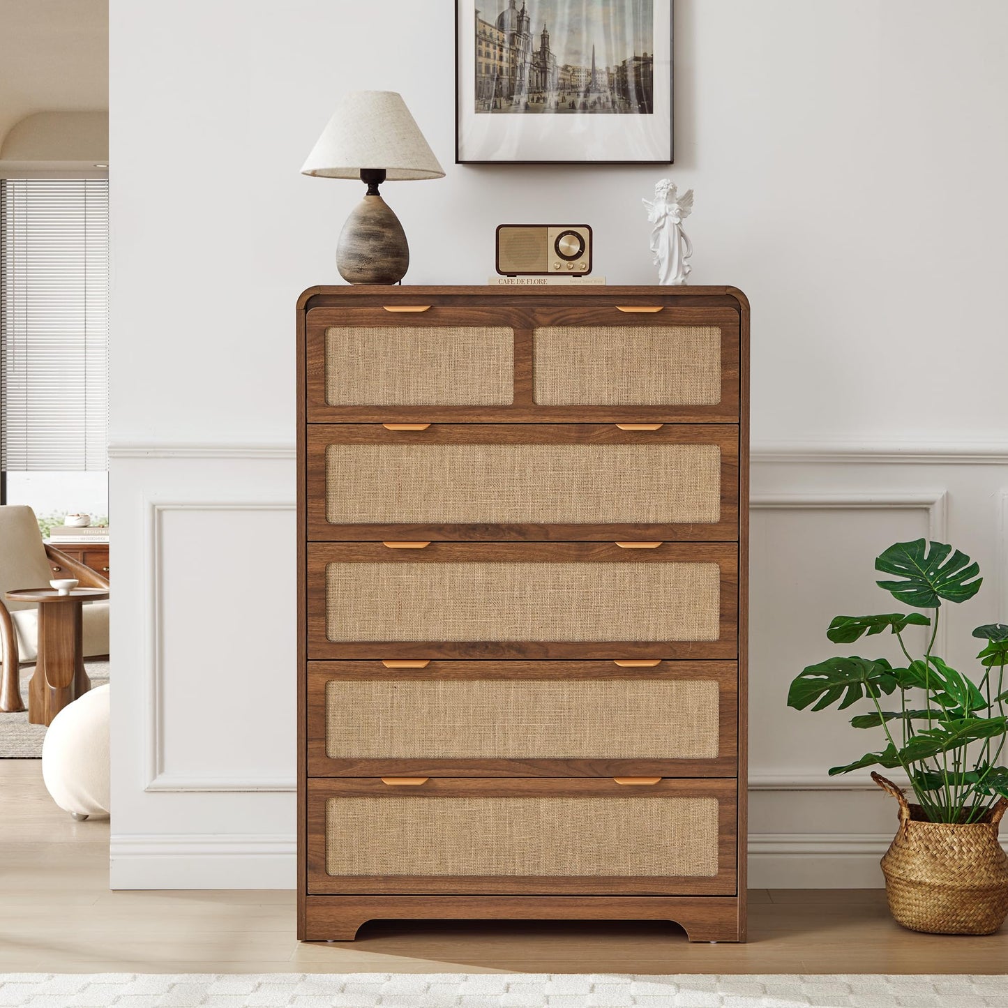 RUSTYER 43" Tall Dresser for Bedroom, 5 Drawer Mid Century Modern Dresser with Natural Linen, Curved Wood Chest of Drawers Closet Clothes Storage Organizer for Living Room, Hallway (Walnut)