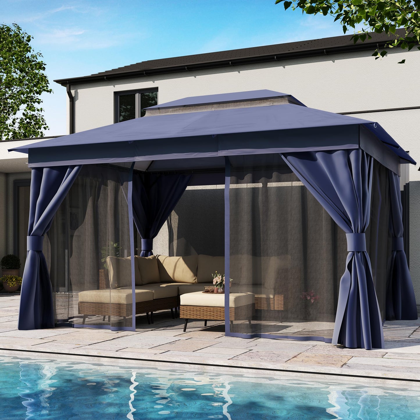 LAUSAINT HOME 10'x13' Outdoor Gazebo, Metal Frame Heavy Duty Patio Canopy Tent Shelter with Double Roofs, Mosquito Nettings and Privacy Screens for Backyard, Garden, Lawn, Navy Blue