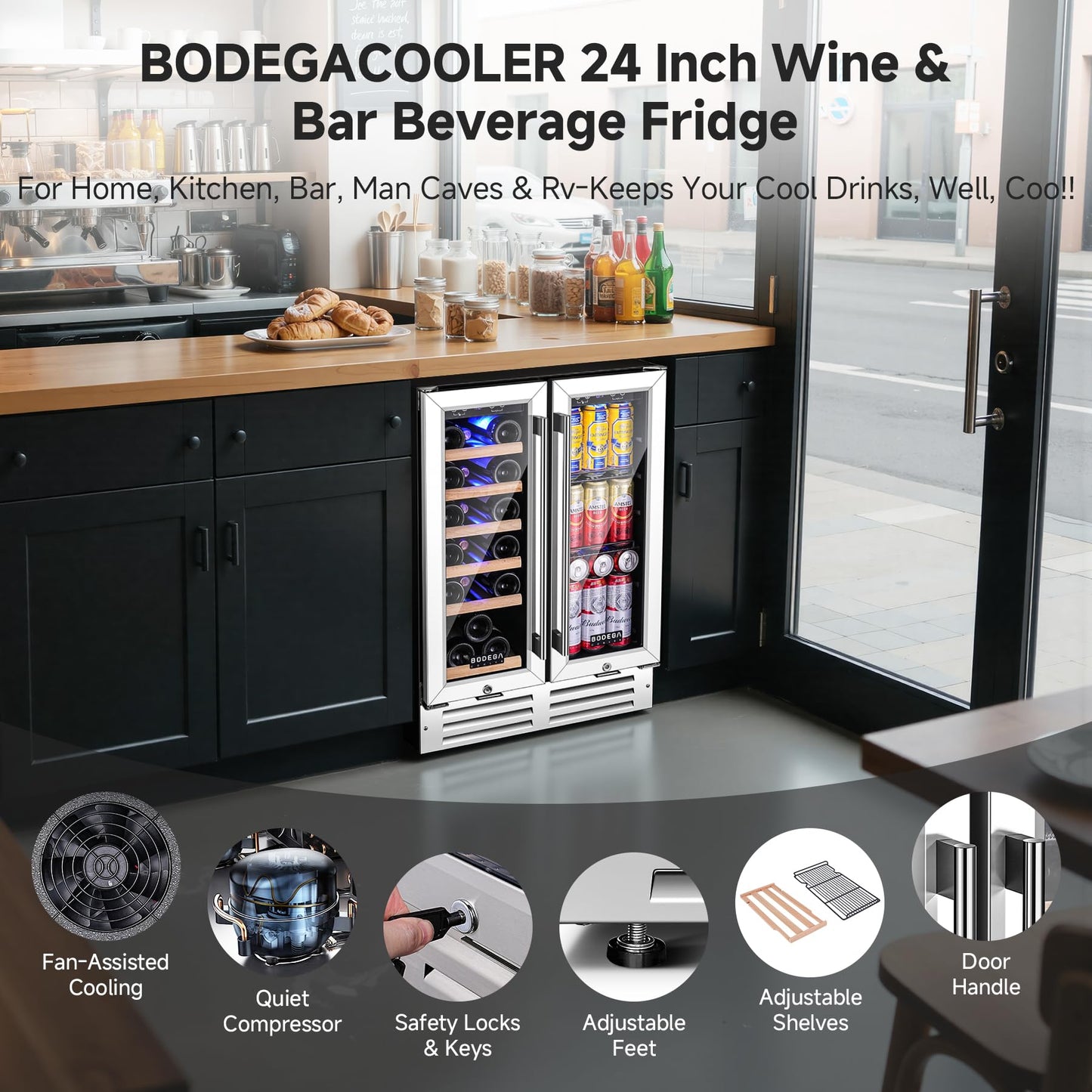 BODEGACOOLER Wine and Beverage Refrigerator, 24 Inch Under Counter Commercial Beverage Refrigerator, Large Capacity Back Bar Cooler With 2 Glass Doors,LED Lighting for Beer,Soda,Wine,4.1 Cu.Ft.,Black.