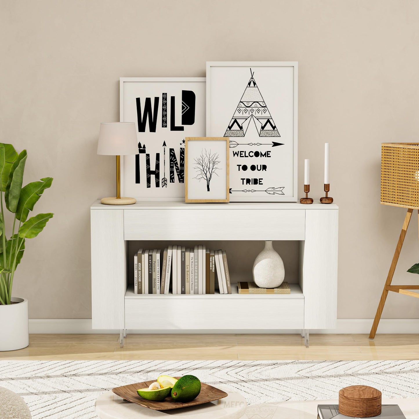 55" TV Stand with 2 Drawers & Hidden Storage Cabinets, White Wood Grain