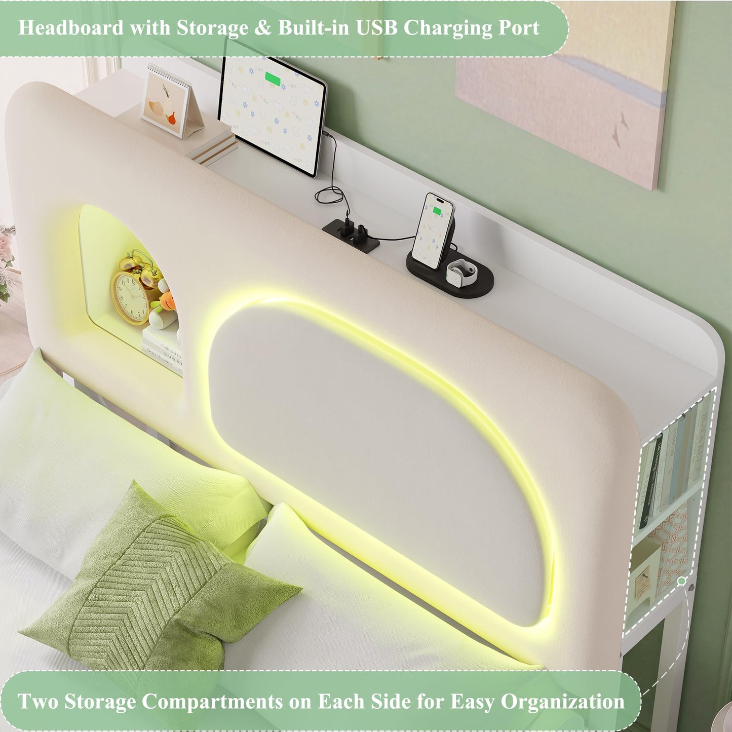 Keyluv Full Size LED Bed Frame with Storage Bookcase Headboard, Charging Station, Velvet Upholstered Platform Bed with 2 Drawers & USB Ports, Sturdy Metal Support, No Box Spring Required, Beige