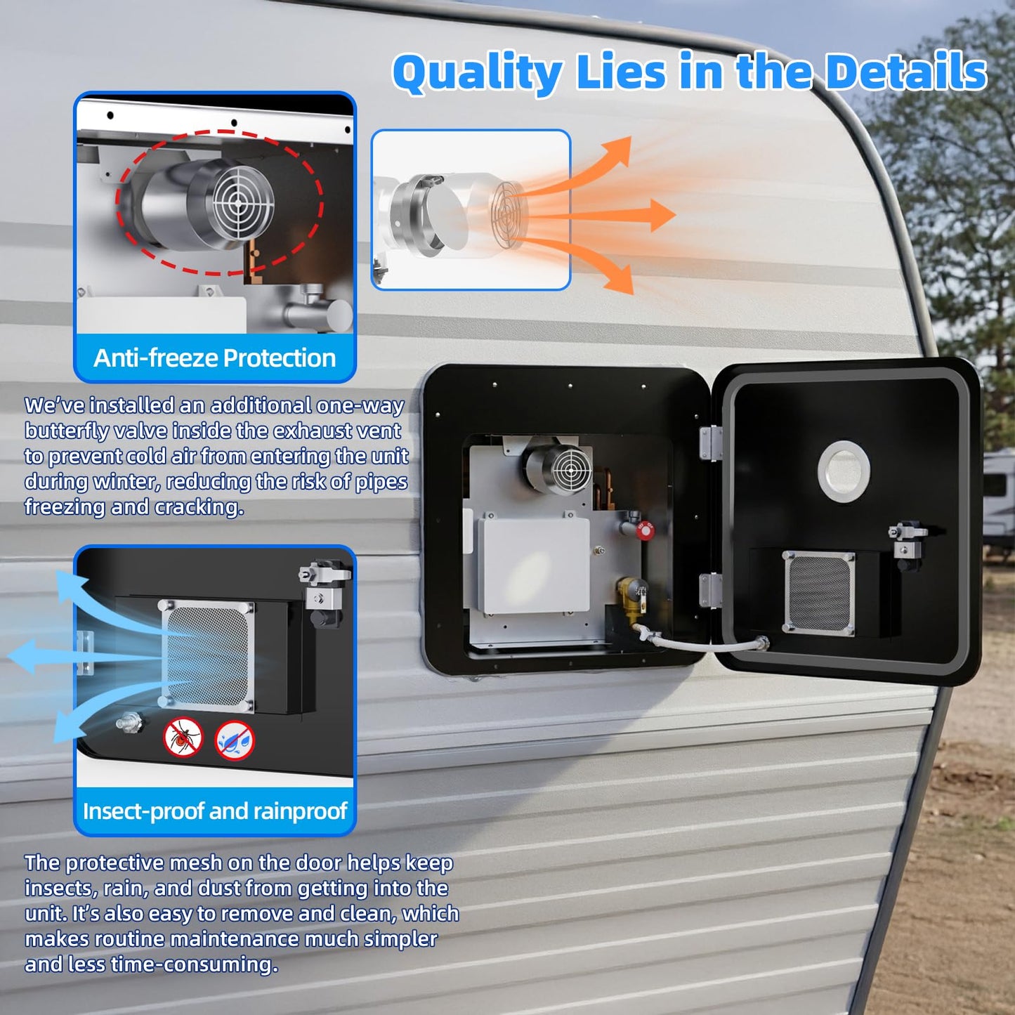 RIWORY 65,000 BTU 18x18 RV Tankless Water Heater Propane, 3.9GPM Tankless RV Water Heater with Outdoor Water Outlet, DC 12V Anti-Freezing Protection RV Camper Instant Hot Water Heater