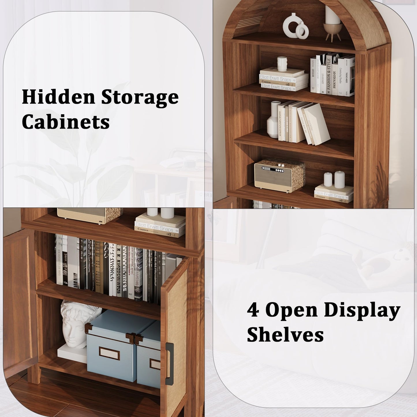 Janmer Home 71" Tall Arched Bookcase with Storage, Mid-Century Modern 6-Tier Cabinet with Door, Arched Bookshelf Cabinet with Open Display Storage Shelf for Office Living Room (Walnut)