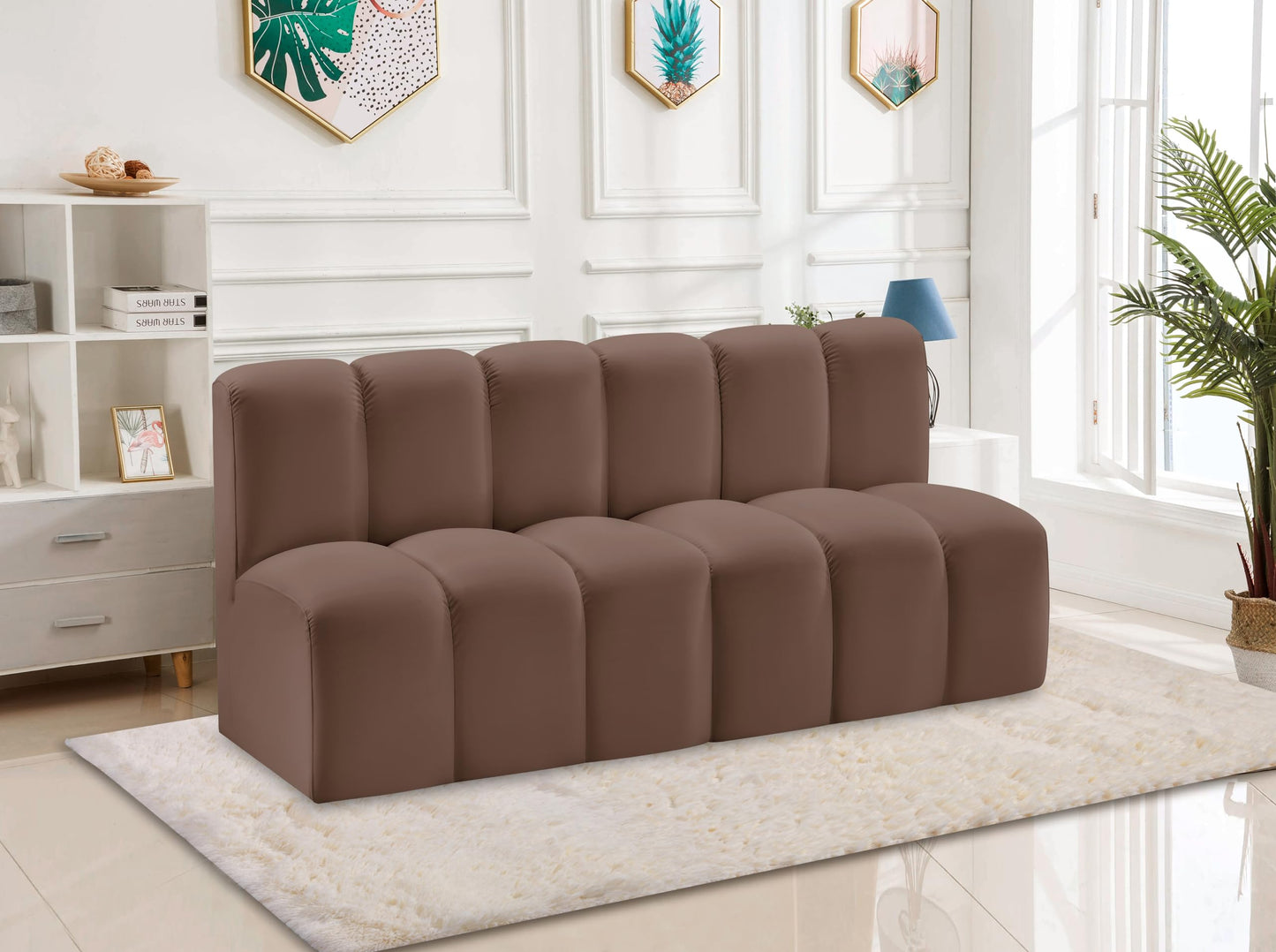 Meridian Furniture 101Brown-S2A Arc Collection Modern | Contemporary Modular Sofa with Soft Brown Vegan Leather, Deep Channel Tufting, Modular Design, 60" W x 31" D x 30" H, Brown