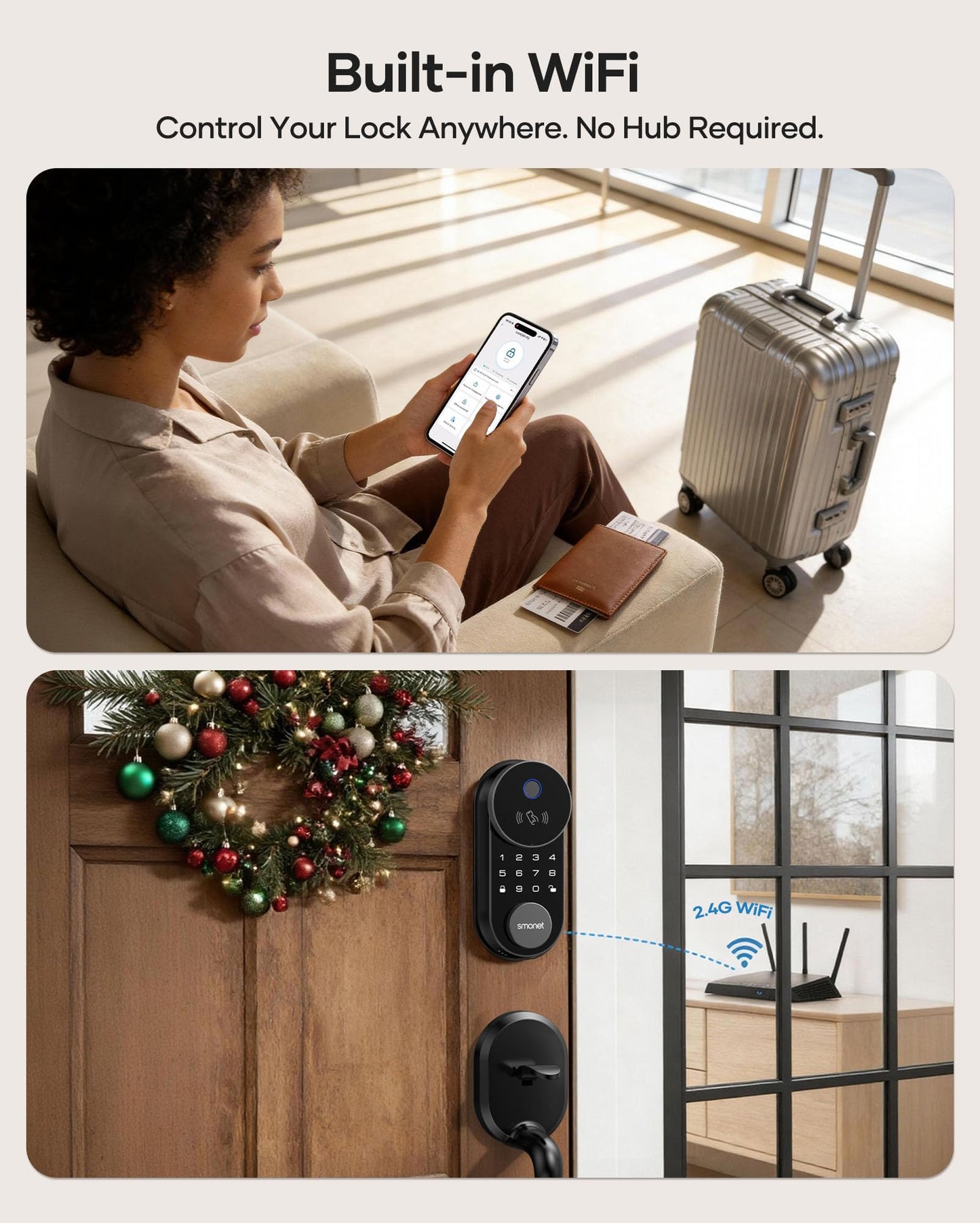 Smart Lock AH1, SMONET Fingerprint Keyless Entry Door Lock with Apple Home Key, WiFi Front Door Deadbolt Touchscreen Keypad with App Remote Control Supports Apple HomeKit, Alexa, Google Assistant