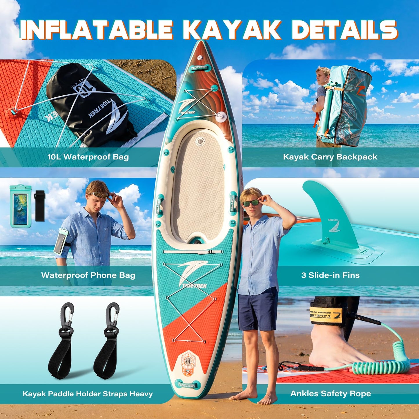 TIDETREK Inflatable Touring Kayak with Waterproof Seat & Premium Accessories, 11'3" x 35" x 8" Ultra-Stable SUP Kayak Hybrid, Non-Slip Comfort Deck for Adults & Youth (Coral Tide)