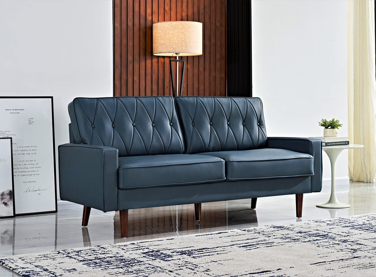 Container Furniture Modern Style Faux Leather Sofa with Elegant Round Tapered Legs and Button Tufted Backrest Perfect for Living Room, Bedroom or Home Office, 69.3’’ Wide, Blue